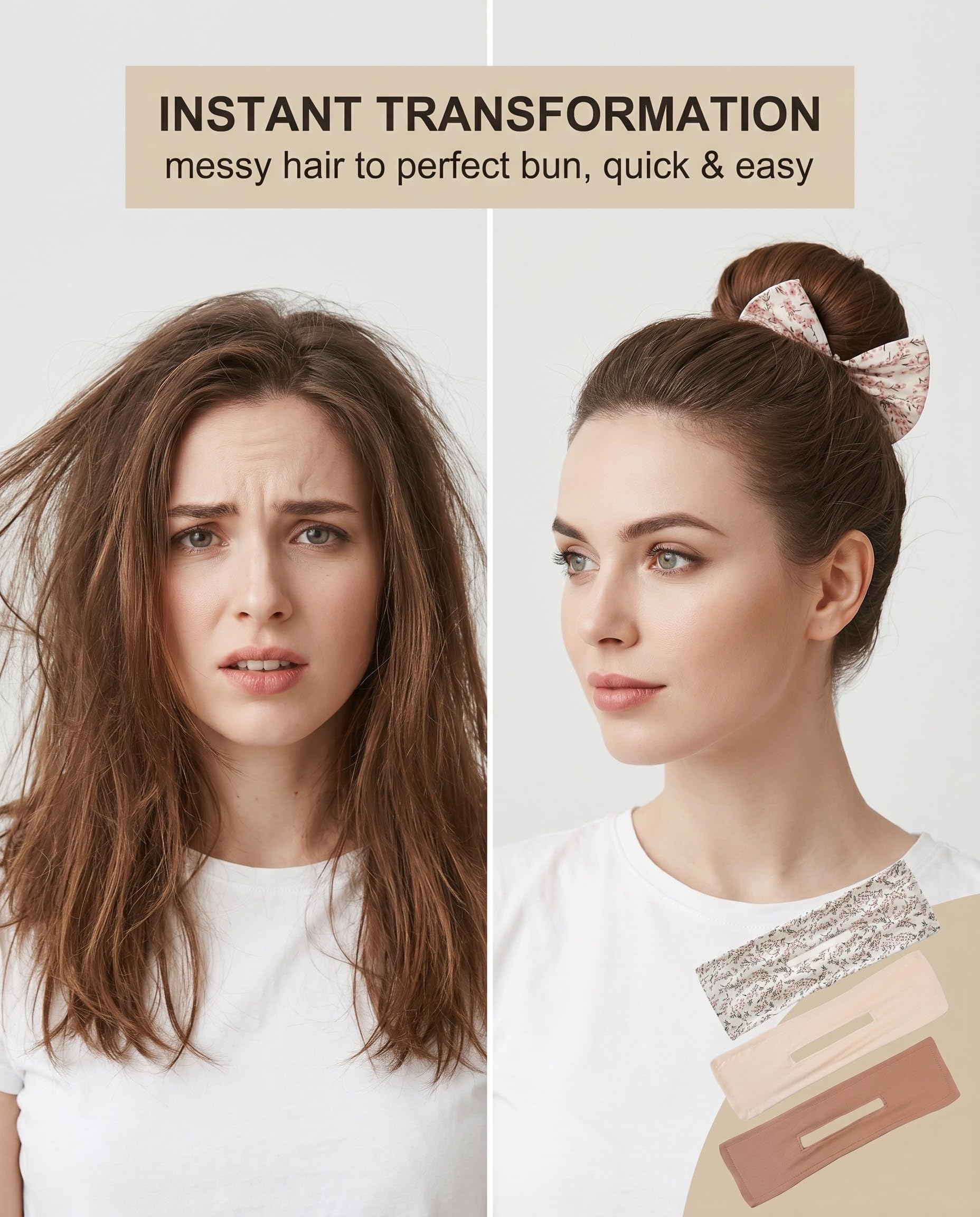 Fermagli Chignon Facile per Capelli 3 Pezzi Beige, Khaki, Motivo Floreale. Creatore Ciambella Senza Calore per Acconciature Veloci Eleganti Donna e Ragazza.