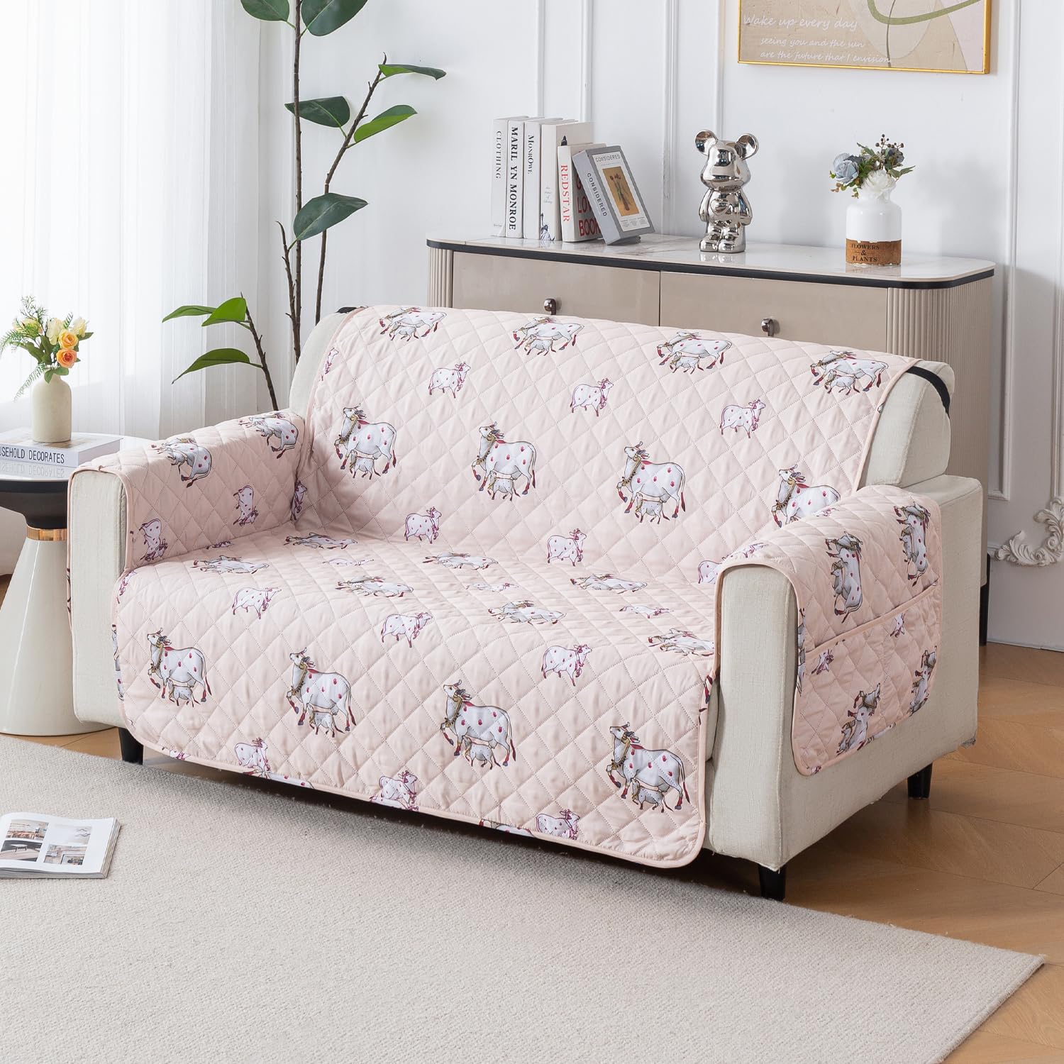 House of Quirk 'Mughal Series' Anti-Slip Sofa Cover Mat with Pocket | Polyester Couch Protector for Pets, Kids & Spills (Grey Canvas, 180x120cm, Two Seater)