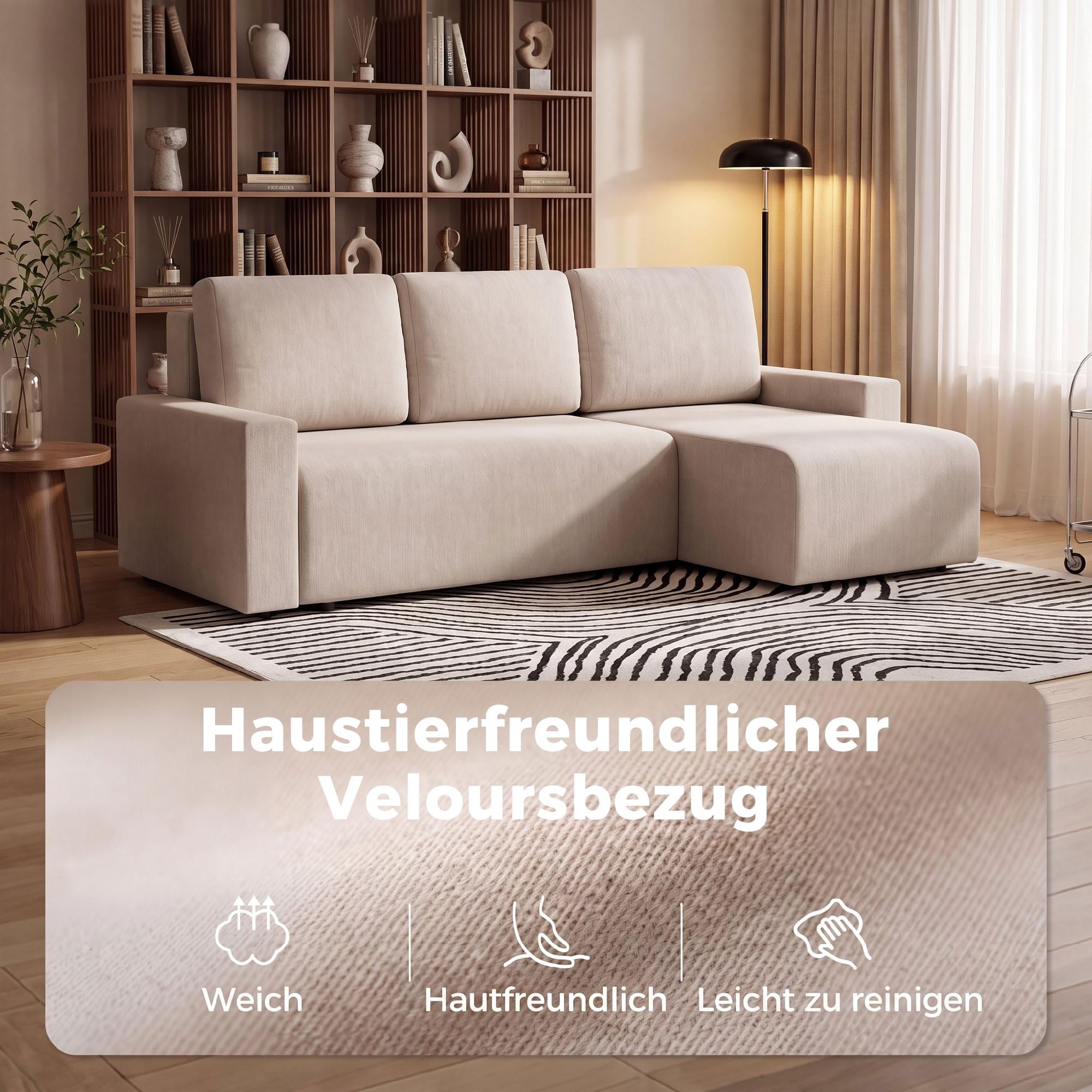 HOMCOM Ecksofa L-Form mit Schlaffunktion Umkehrbarer Chaiselongue Beige | 3-Sitzer Sofa, 2-in-1 Schlafsofa, Veloursbezug, Schlafcouch für Wohnzimmer, Hergestellt in der EU
