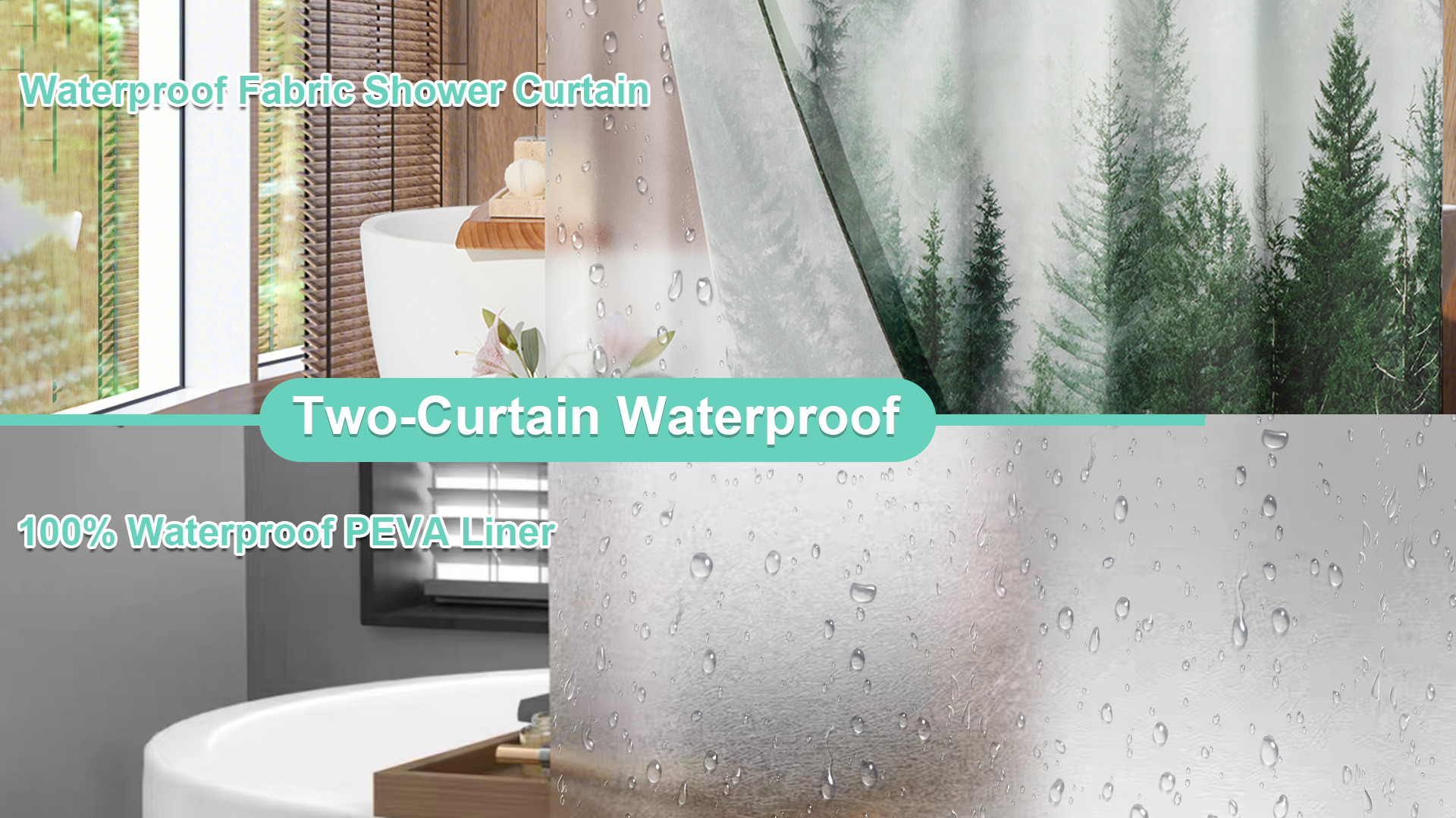 ORTIGIA Duschvorhang Set – Nebelwald Design Mit Wasserdichter PEVA Einlage & 12 Haken