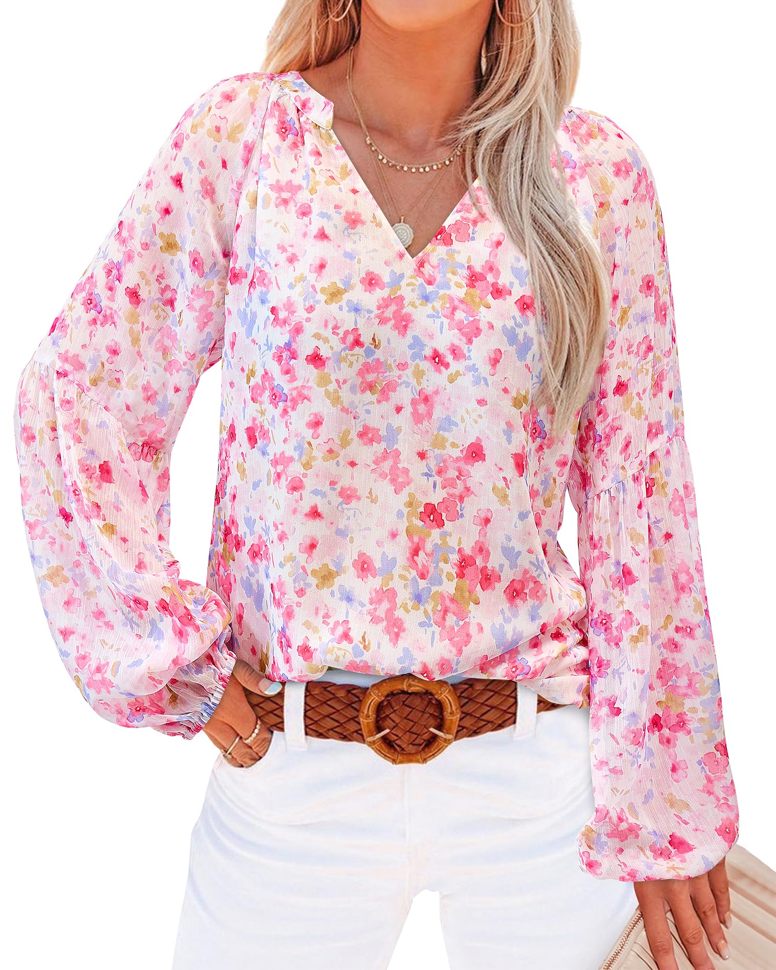 BTFBM Women Casual Boho Blouse Dressy Floral Puff Long Sleeve Shirts V Neck Lightweight Chiffon Summer Fall Tops 2025