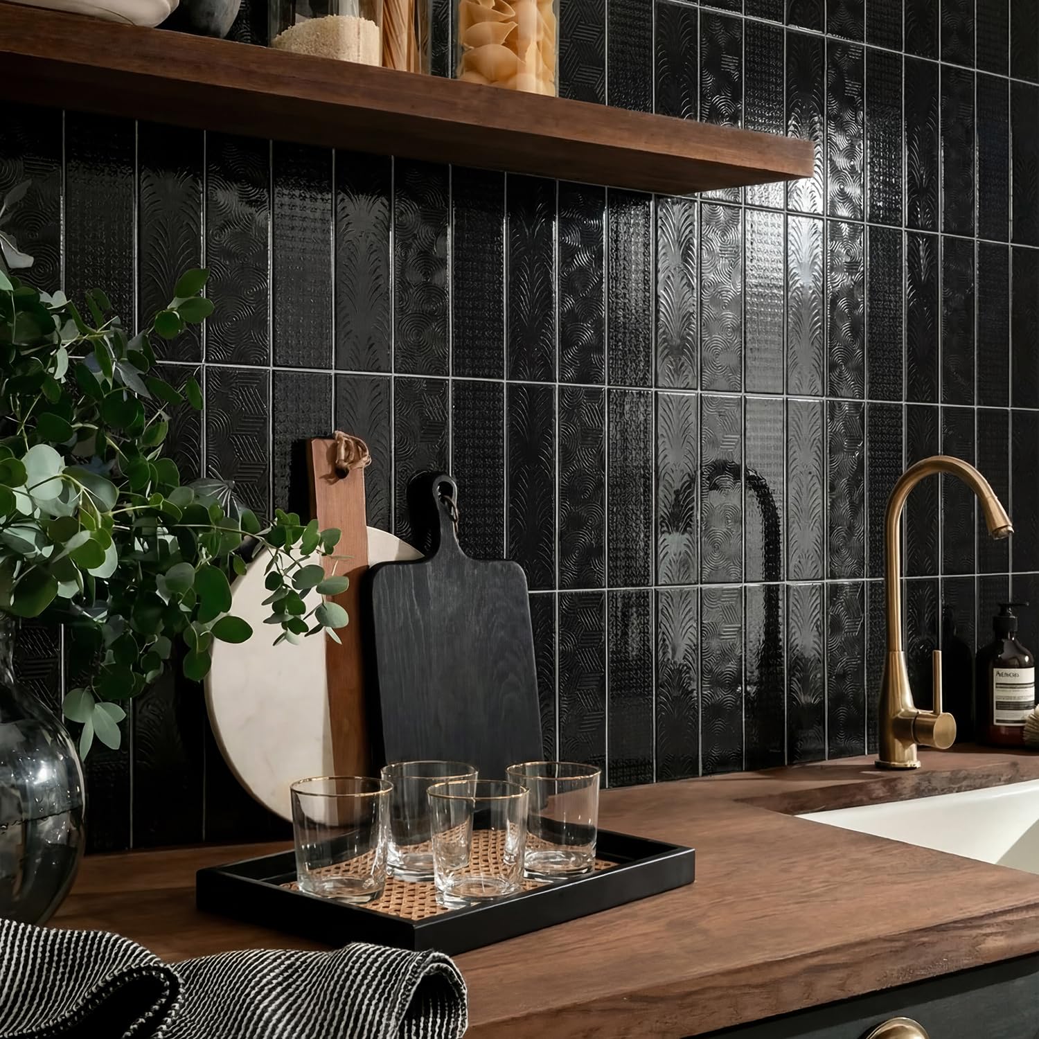 Alwayspon 10 Sheets 12inch/30cm 3D Self Adhesive Wall Tile Sticker Transfers, Peel and Stick Waterproof Splashback Stick on Tile Decals for Kitchen Bathroom Wall, Black Texture