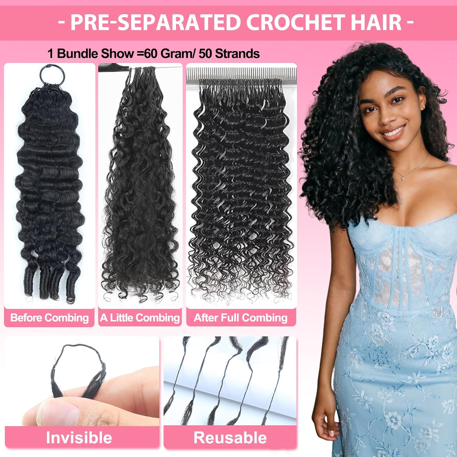 Burmese Curly Crochet Human Hair Bundles 16 Inch 60g 50 Strands Pre Separated Invisible Miracle Knots Feather Crochet Hair for Black Women Lightweight Reusable Feathered Crochet Human Hair Extensions