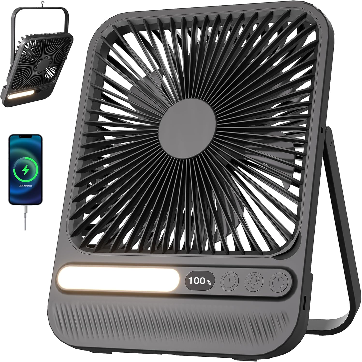 7 Zoll tragbarer Portable Travel Ventilator mit Licht, bis zu 28 Std. Laufzeit, 3,6 cm ultradünn,42dB, 4Geschwindigkeiten, 8H Timer,180°verstellbar, wiederaufladbarer Tischventilator
