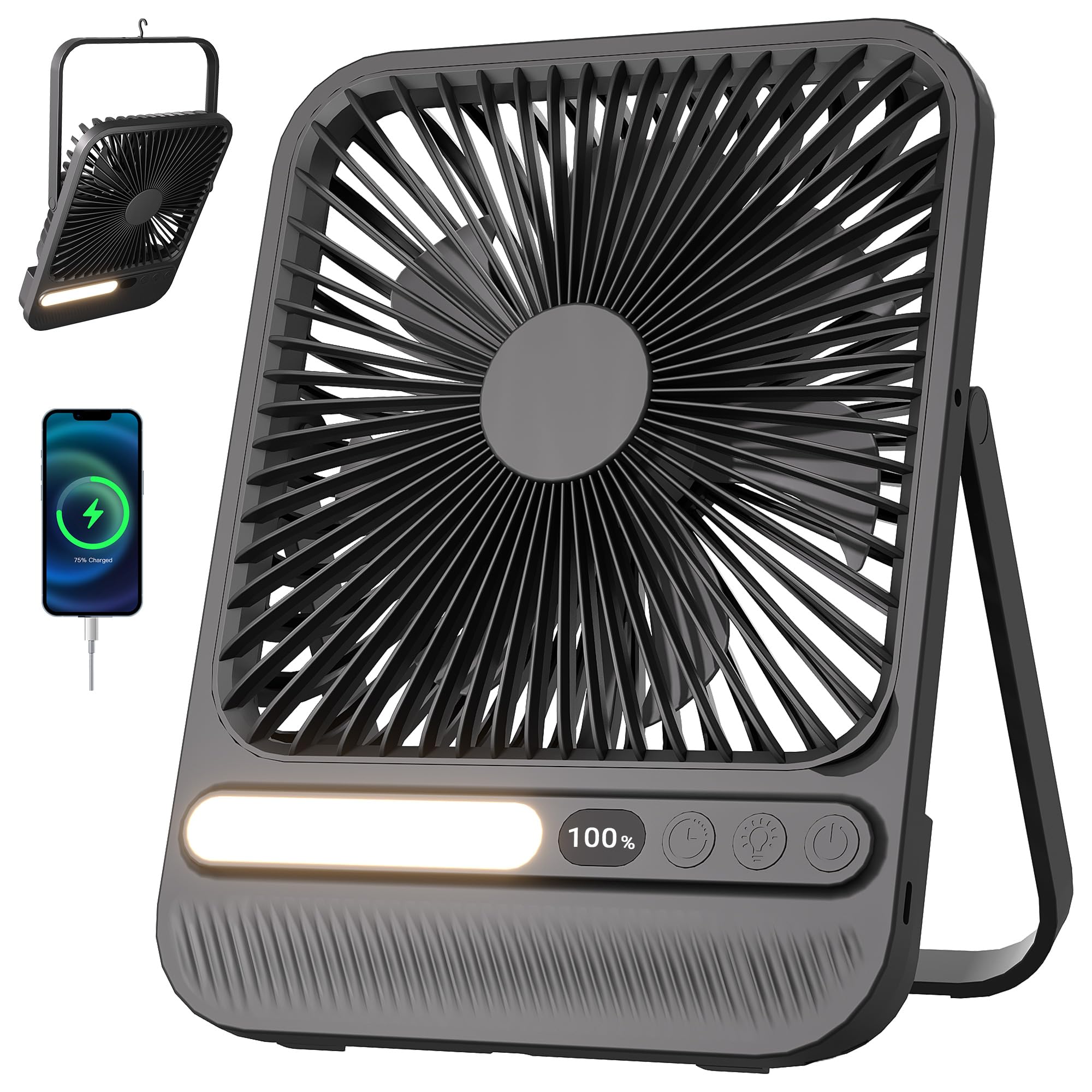 Ventilatore Portatile da Viaggio 7 Pollici con Luce, 28 Ore di Autonomia, Ultra Sottile 3,6 cm, Timer 8H, 42 dB, 4 Velocità, Inclinazione 180°, Ventilatore da Scrivania Ricaricabile con Display LED