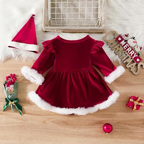 Miniatura 3 de Traje de Navidad para bebé niña, traje de Navidad con gorro para recién nacido, disfraz de Papá Noel, vestido de terciopelo con sombrero
