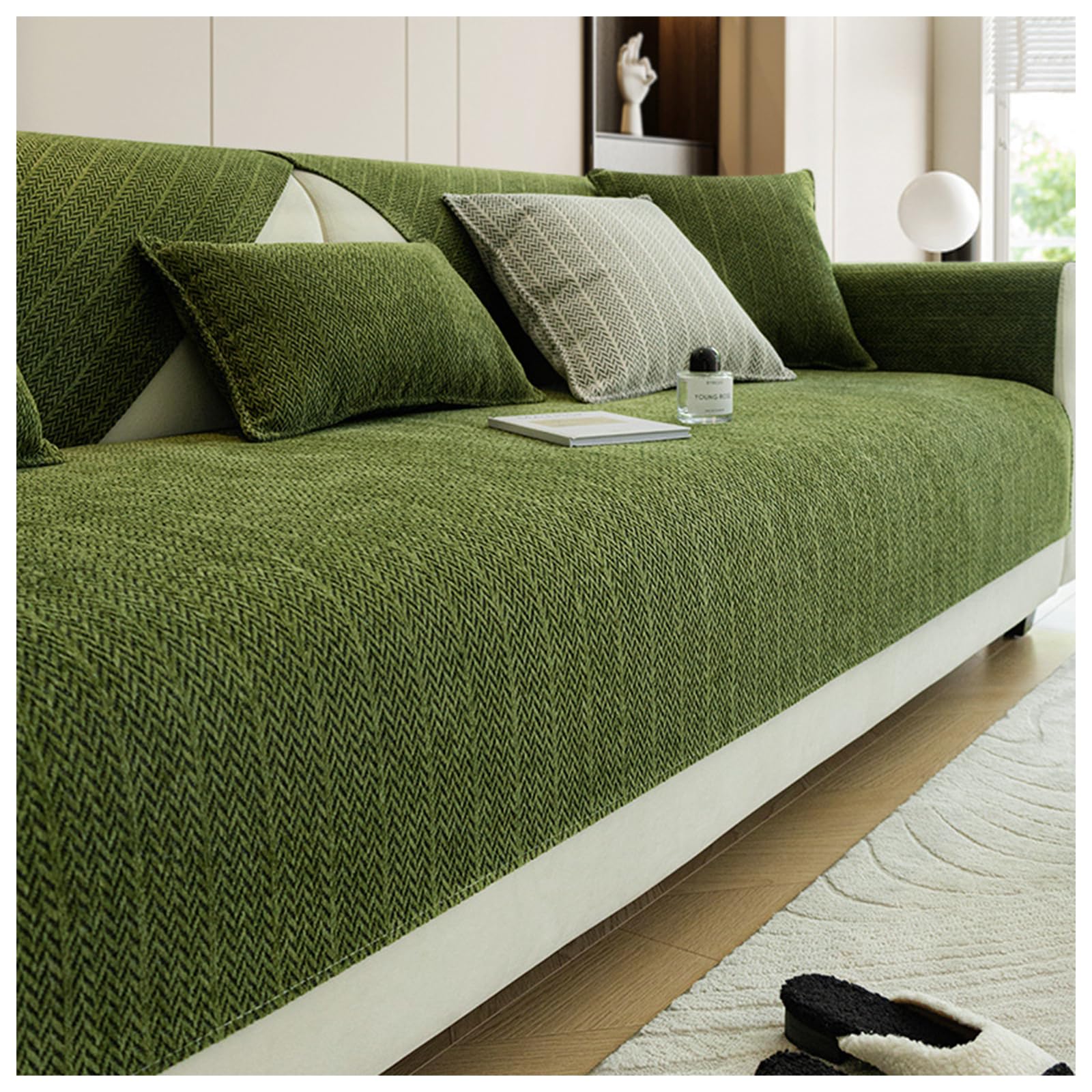 Solid Color Chenille Anti-Scratch Herringbone Couch Cover, Non Slip Sofa Cover, Washable All-Seasons Anti-Scratch Home Decoration Slipcover for Living Room (Green,70 * 90cm)