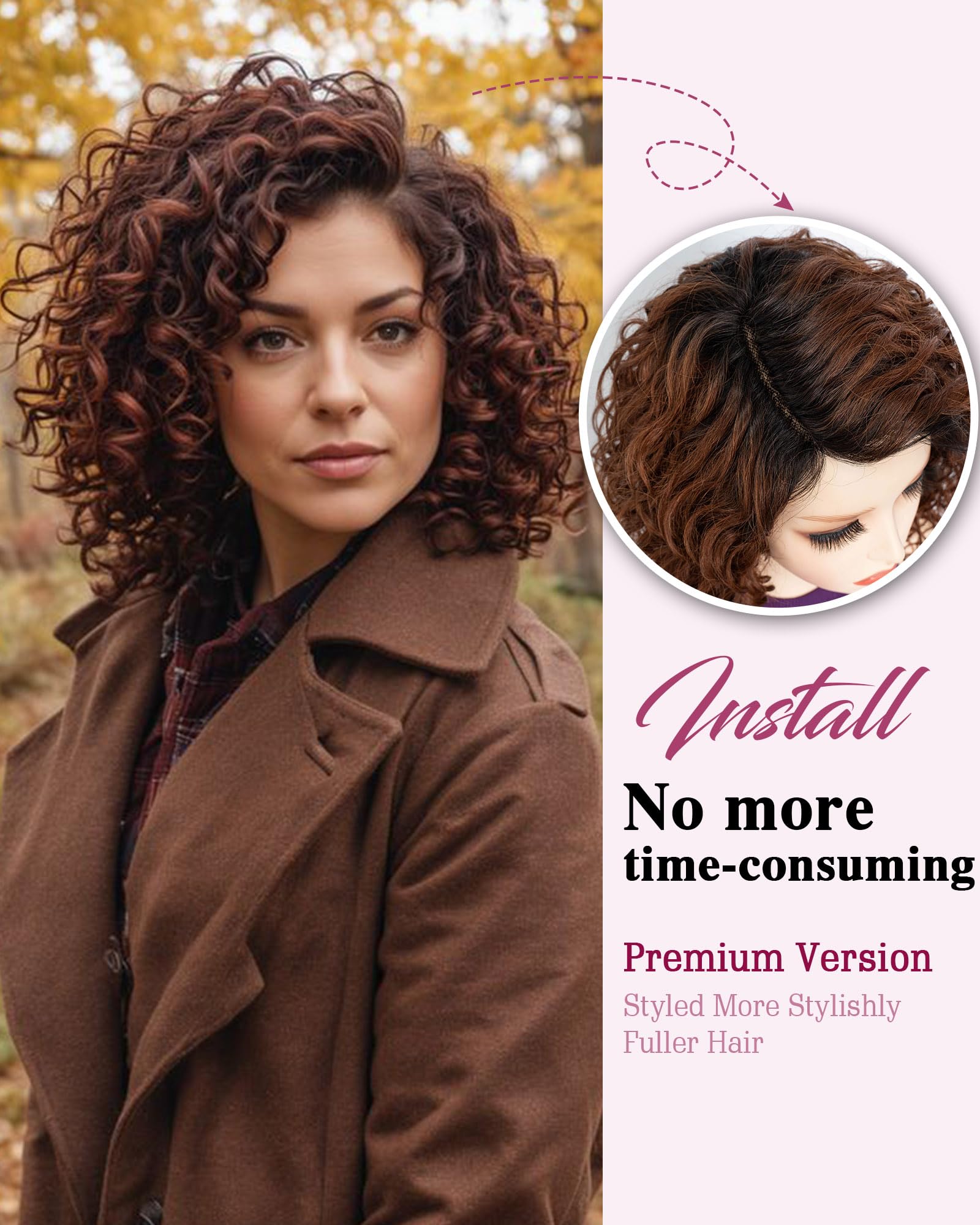 FASHION IDOL Short Curly Bob Omber Chocolate Human Hair Wig C-Type Lace Wear and Go Short Curly Bob Wig for Women (TT1B/33, 10 Inch) - Image 3