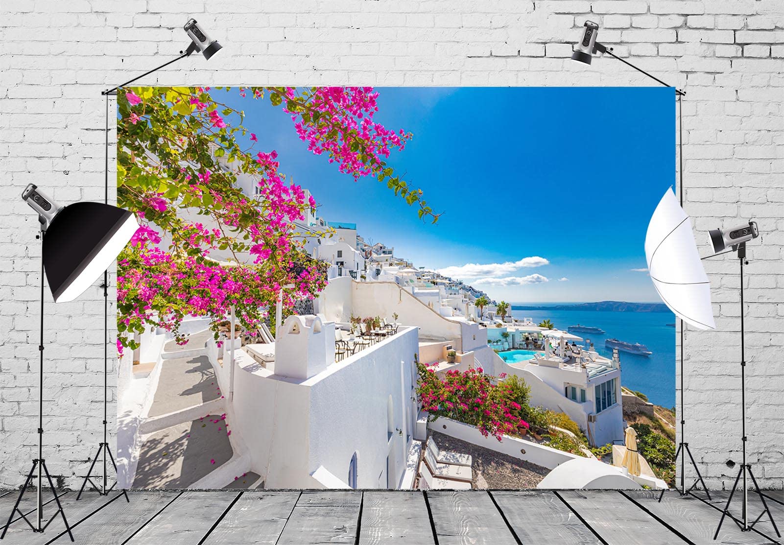 10x8ft Fondo de Tela Azul mar Santorini Isla Grecia Arquitectura Blanca Oia Luxury Resort fotografía Fondo para Decoraciones de Fiesta Mamma MIA Fiesta de cumpleaños Griega