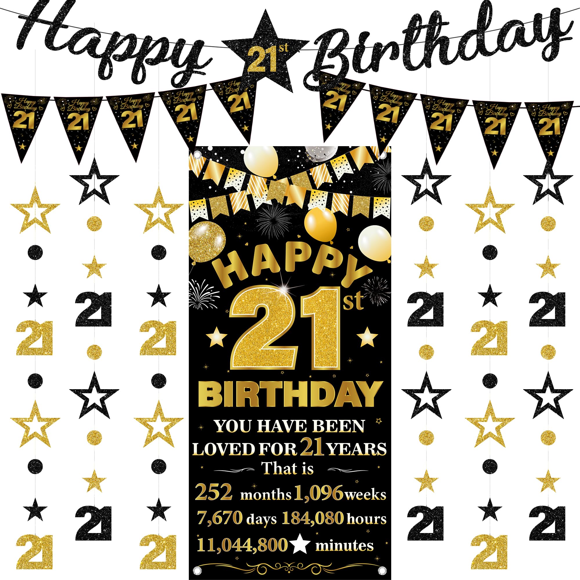 21st Birthday Decorations Banner Men - 9 Pcs Black Gold Bannes Backdrop Number Star Dot Glitter Hanging Garlands Kit for Men and Women Happy 21 Years Old Birthday Party Decor Supplies