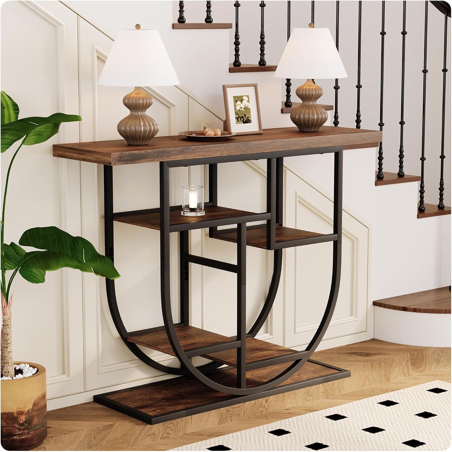 41.3-inch Entryway Console Table, Industrial-Style Sofa Table with Storage, Side Table with Shelves, Suitable for Entrances, Hallways, Foyers, and Entryways, Metal Frame, Vintage Brown