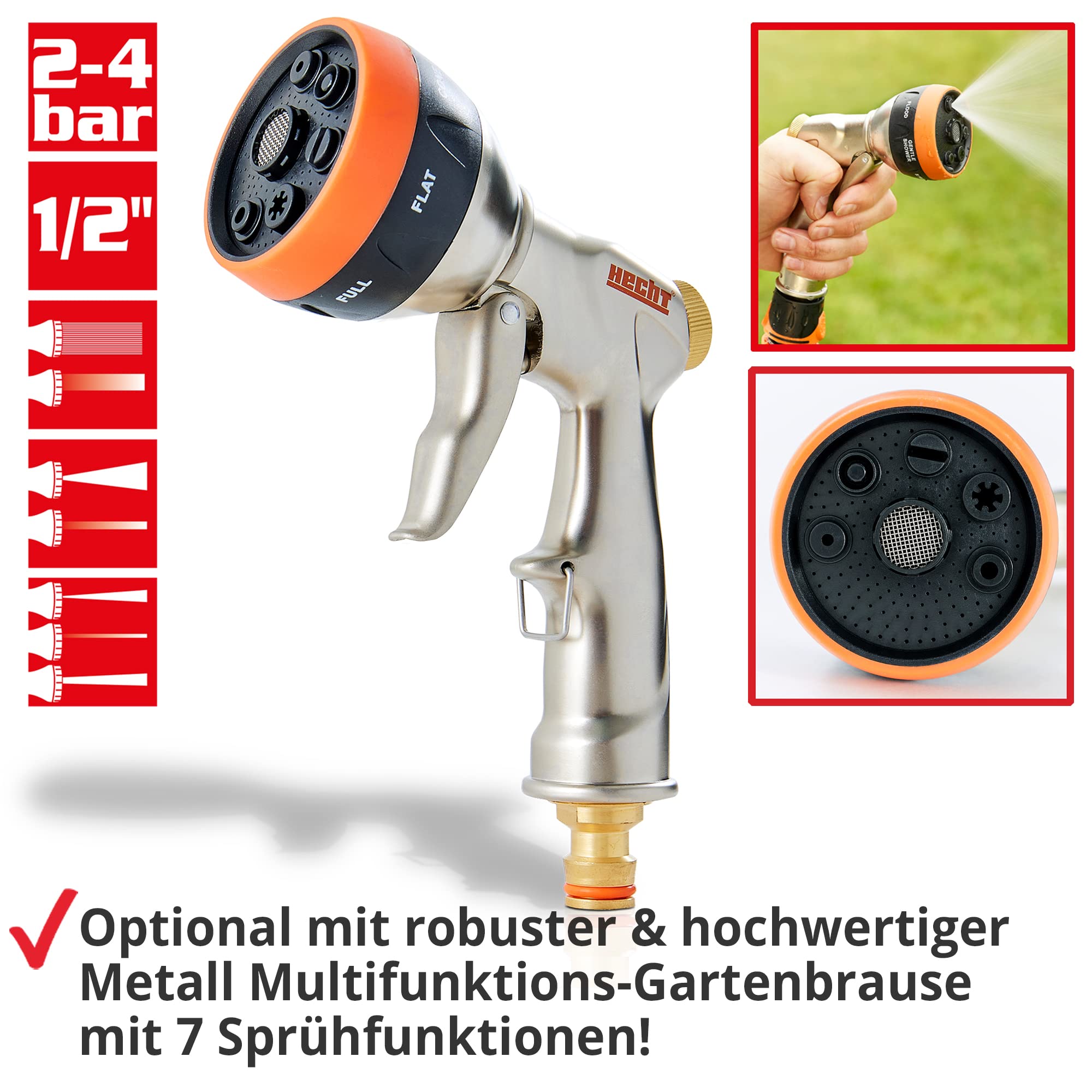 HECHT Automatik Wand-Schlauchtrommel 20+2 m – mit Metall-Gartenbrause | Inkl. Gartenschlauch, Wandhalterung, Schnellkupplung, Gartenspritze & Metall-Gartenbrause – für Gartenbewässerung