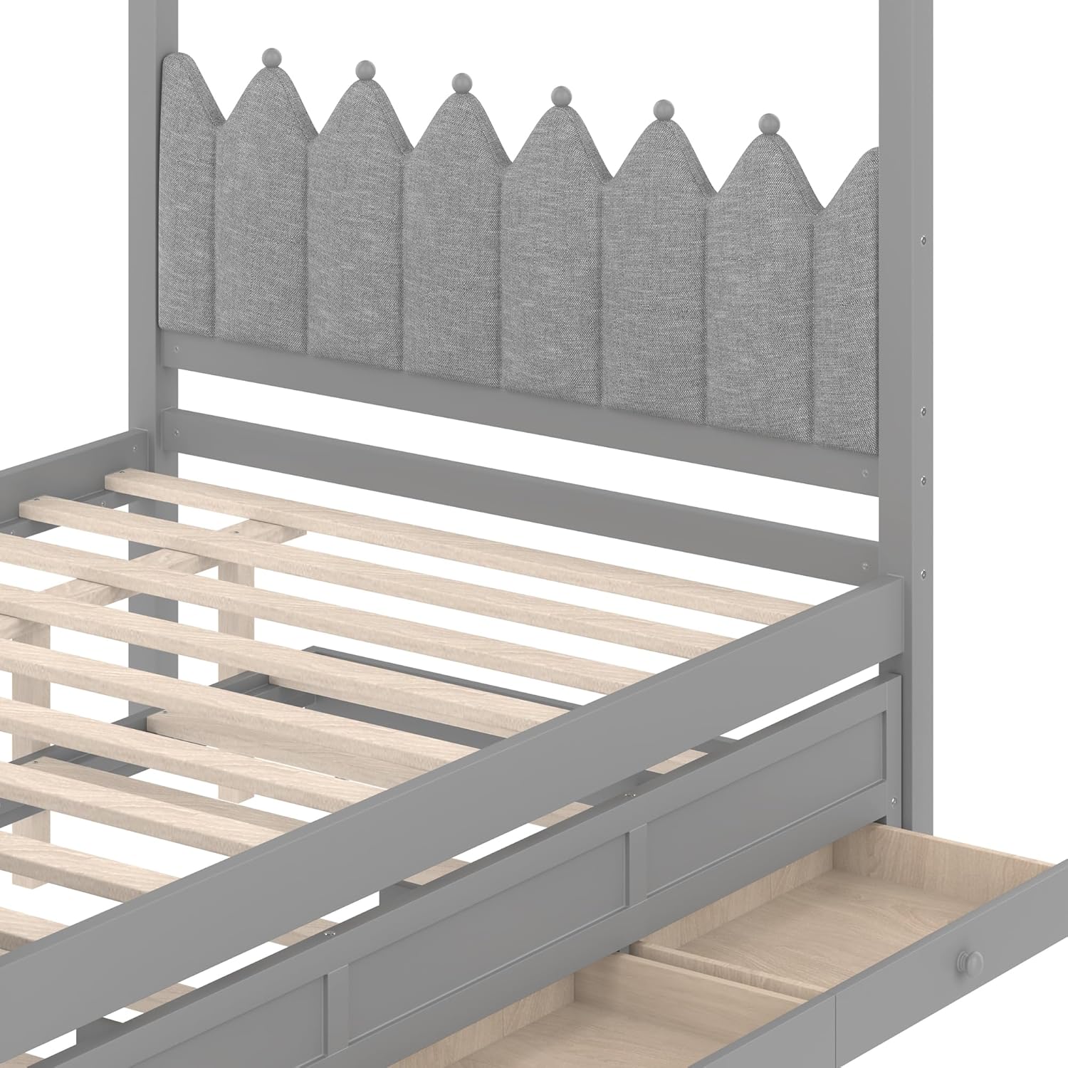 Bellemave Princess Canopy Bed Frame with Linen Upholstered Headboard, Full Platform Bed Frame with Trundle Bed, 3 Storage Drawers and 4 Post, Curtain Not Included(Full Gray)