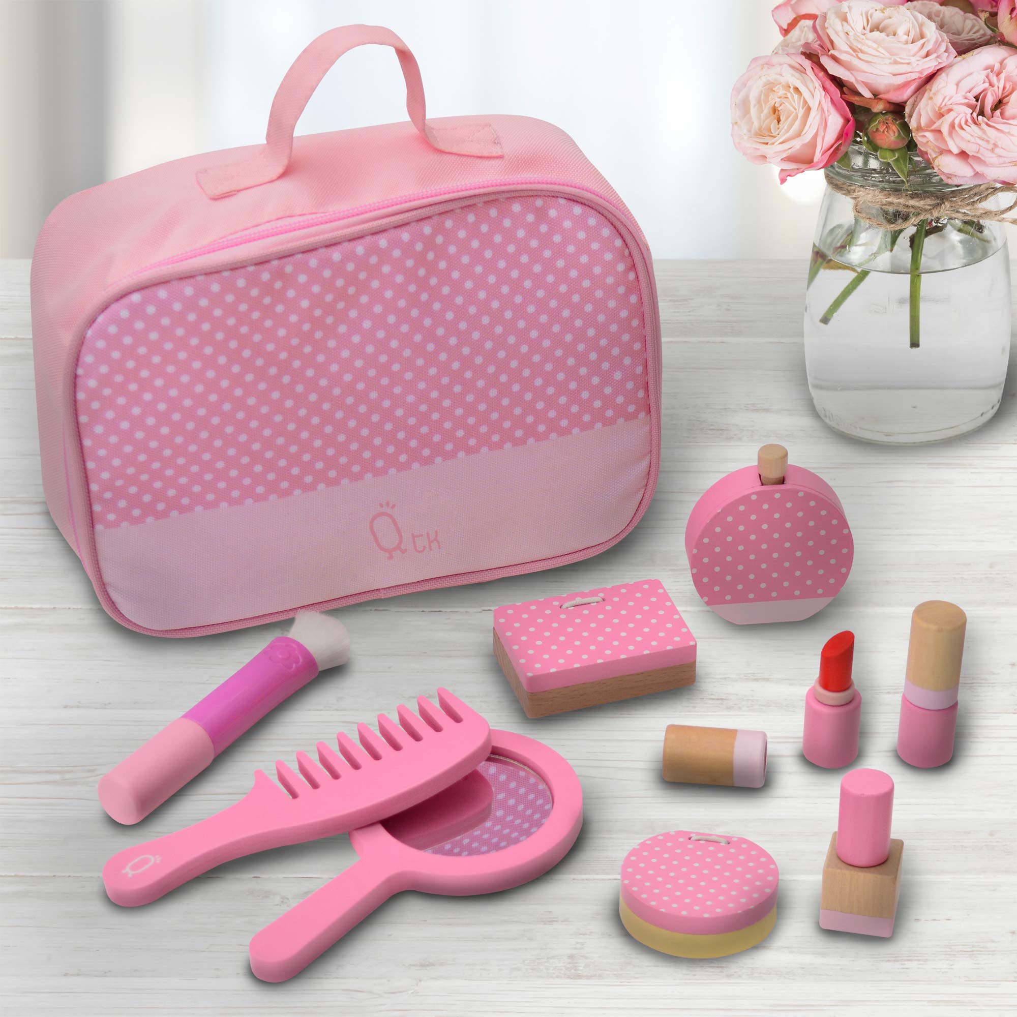 Teamson Kids Wooden Travel Vanity Set Cosmetic Makeup Kit for Girls Dressing Table Pretend Play with Make Up Bag and Accessories - Image 3