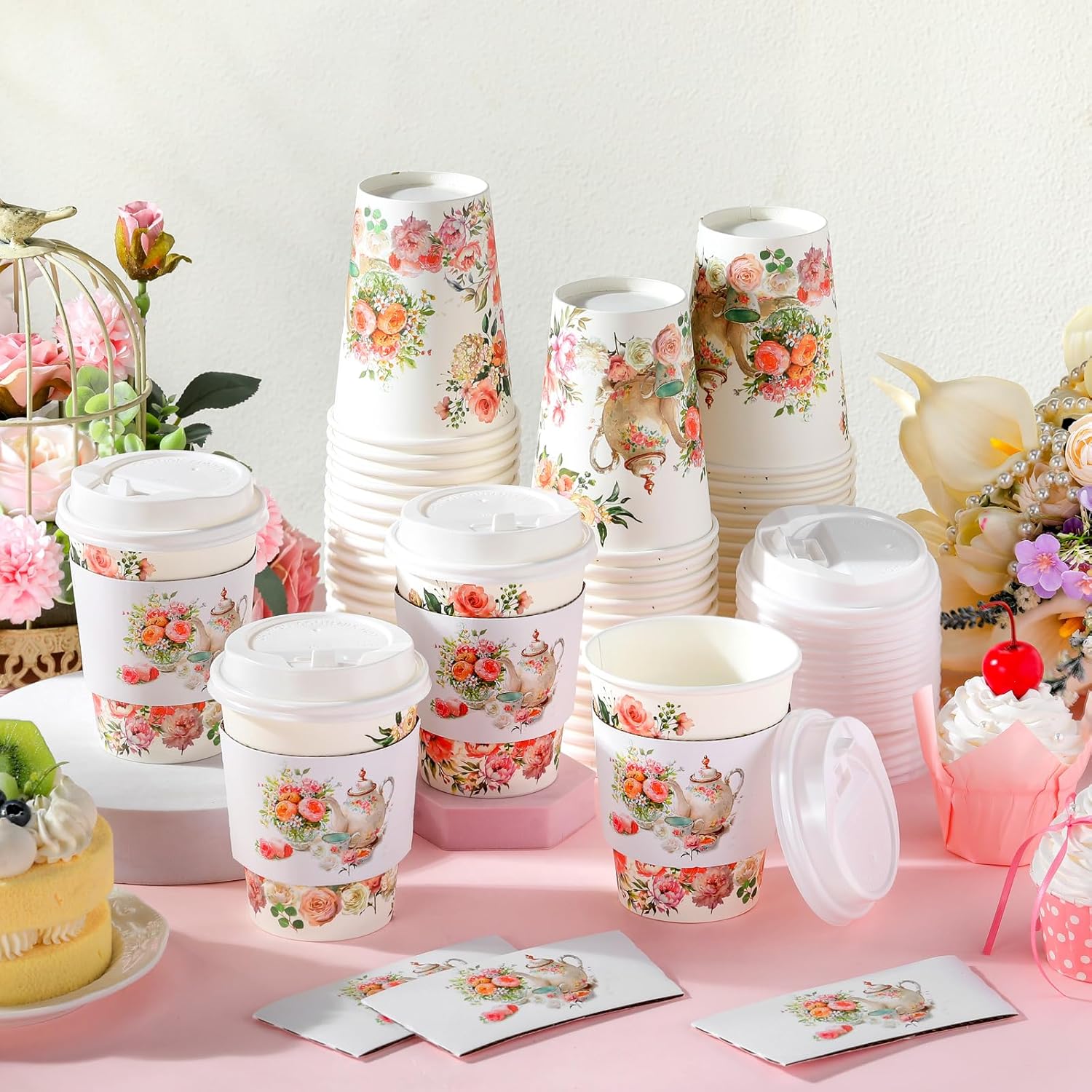 Vesici 60pcs Tea Party Decorations 14oz Disposable Coffee Cups with Lids and Sleeves Pink Floral Teapot Pattern Coffee Cups for Spring Summer Wedding Bridal Shower Garden Birthday Party Decor Supplies