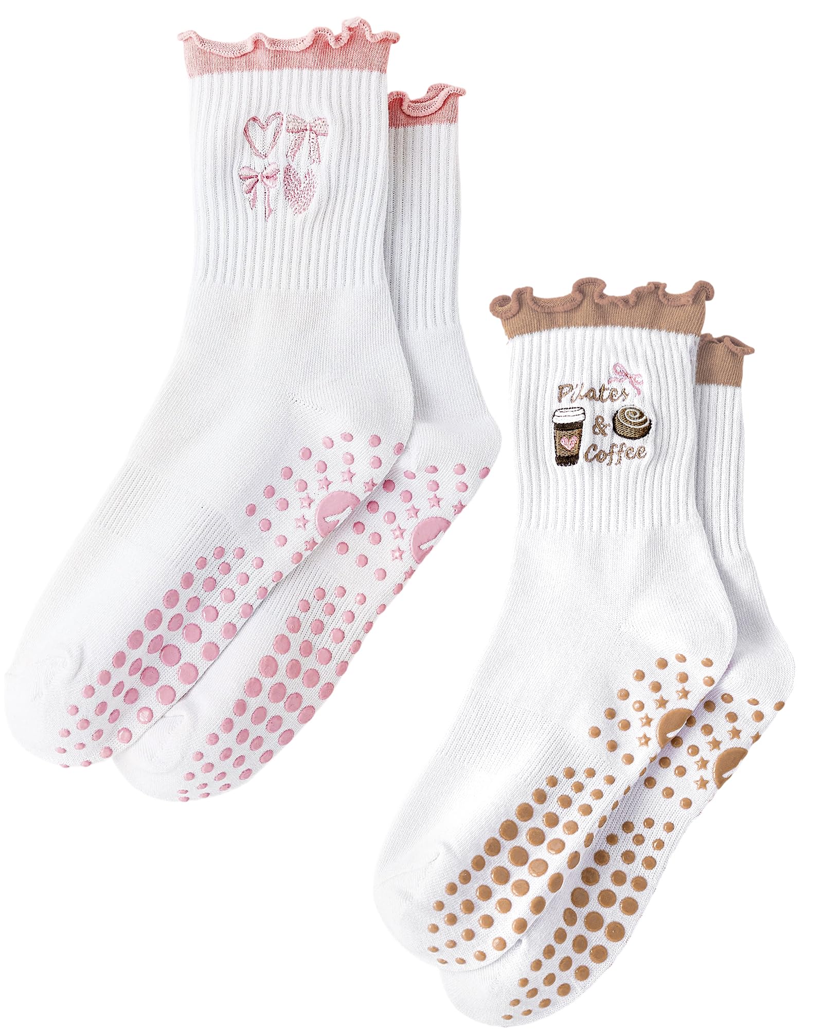 Yawlsow Cute Ruffle Pilates Grip Socks, Crew Grippy Socks Women Non Slip