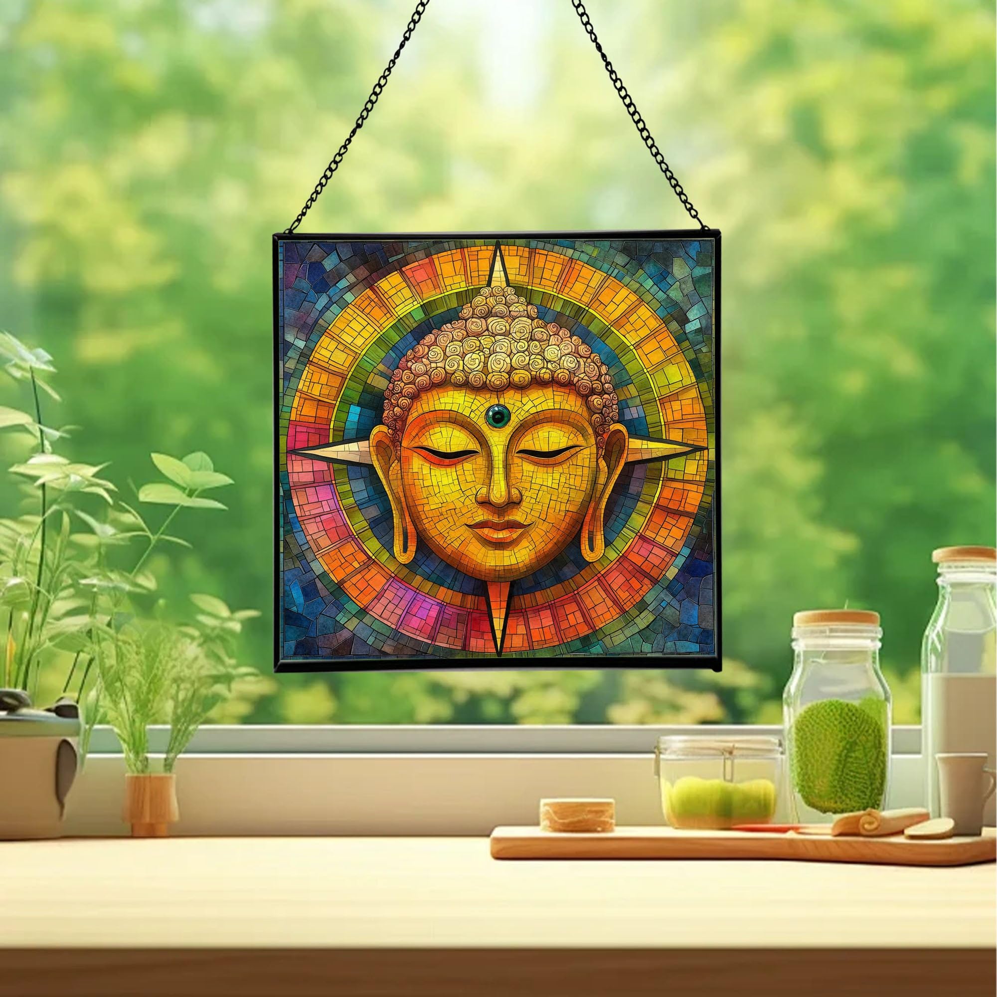 Buddha Dharma Compass Stained Glass Suncatcher – Square Hanging Window Panel for Meditation Room, Zen Space, or Home – Peaceful Spiritual Glass Art Gift, Christmas, Thanksgiving 6EO7US