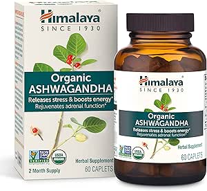 Himalaya Organic Ashwagandha, 60 Day Supply, Herbal Supplement for Stress Relief, Energy Support, Occasional Sleeplessness, Organic, Non-GMO, Vegan, Gluten Free, 670 mg, 60 Caplets