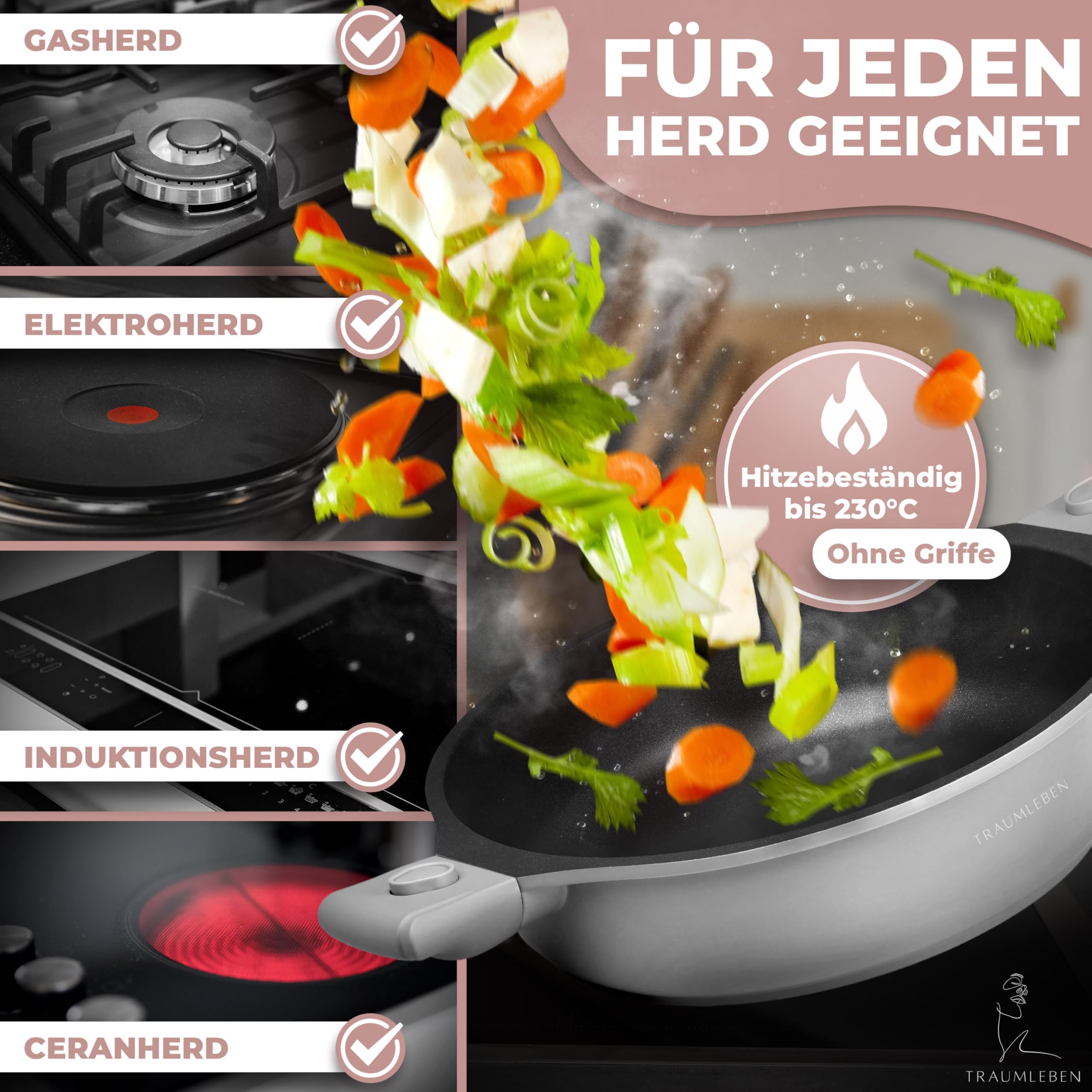 TRAUMLEBEN Bratpfanne 28 cm mit Deckel & abnehmbaren Griffen (Grau) | Antihaftbeschichtung, PFOA-frei, für Induktion geeignet, backofenfest, hoher Rand