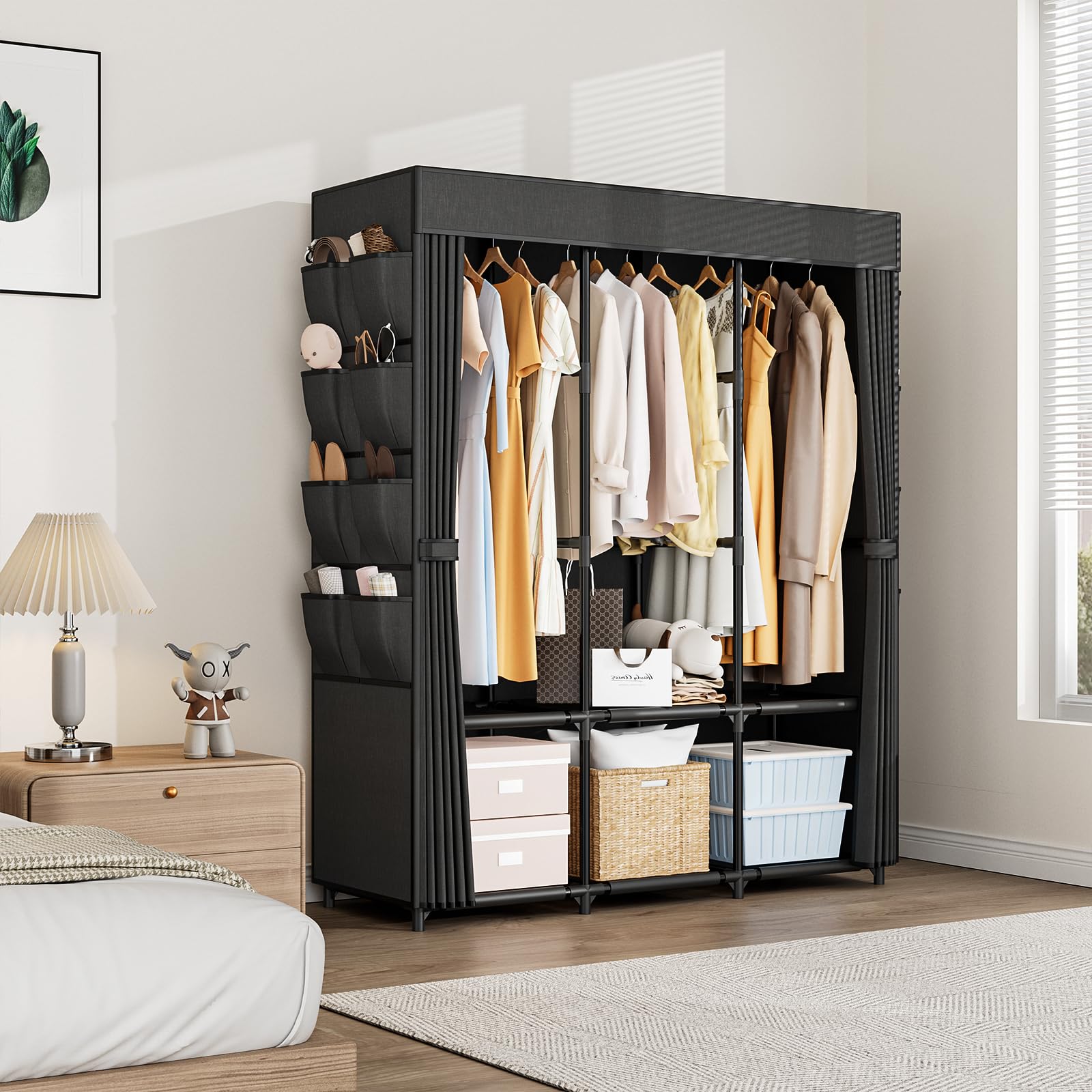 Vicye Armadio in Tessuto, Guardaroba Grande da 3 Barra Appendiabiti, 3 Ripiani e 8 Tasche Laterali, Armadio Camera da Letto con Copertura, Armadio Pieghevole per Spogliatoio 125 x 42,5 x 160 cm Nero