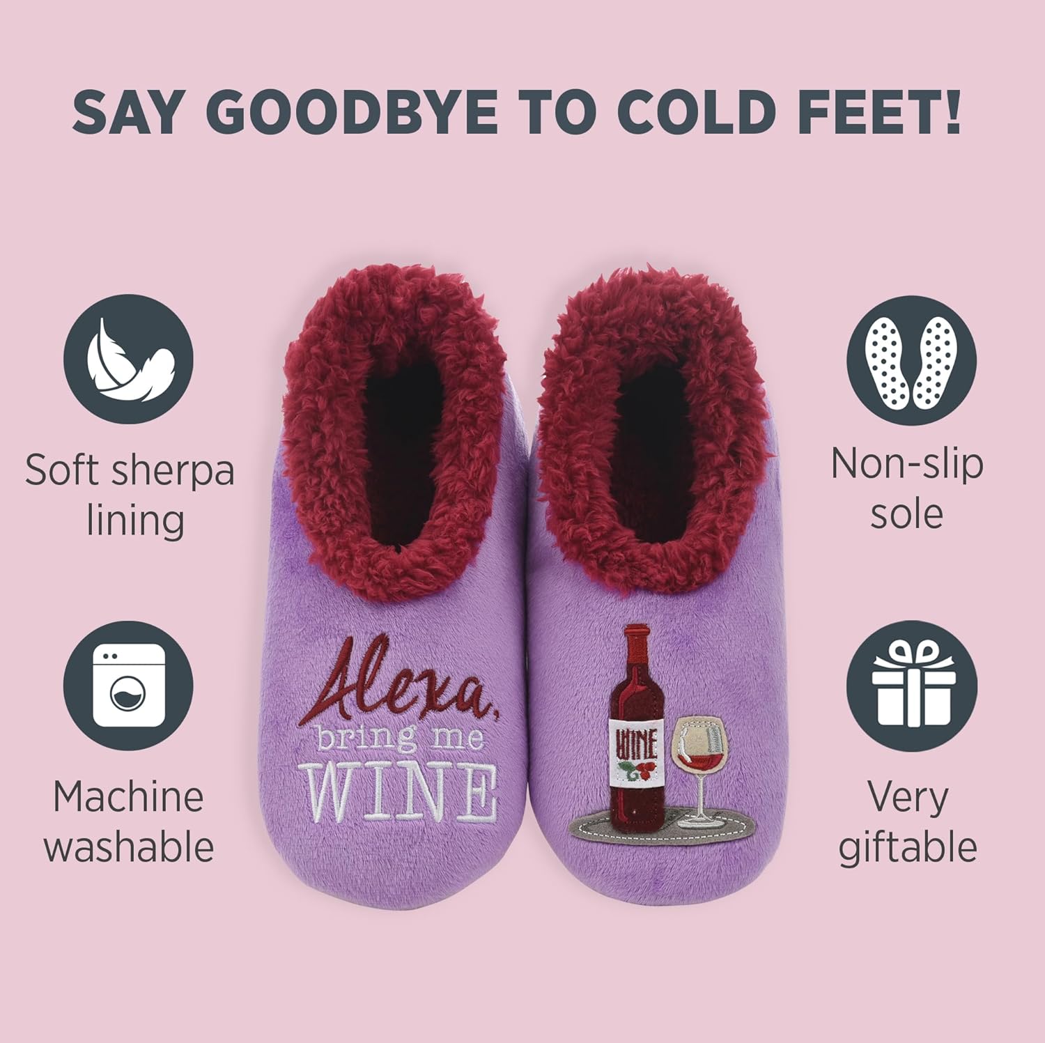 Snoozies Wine Slipper Socks for Women, Funny Wine Gifts and House Slippers Soft Non-Slip, Sherpa Lining, Indoor Cute Slippers - Image 2