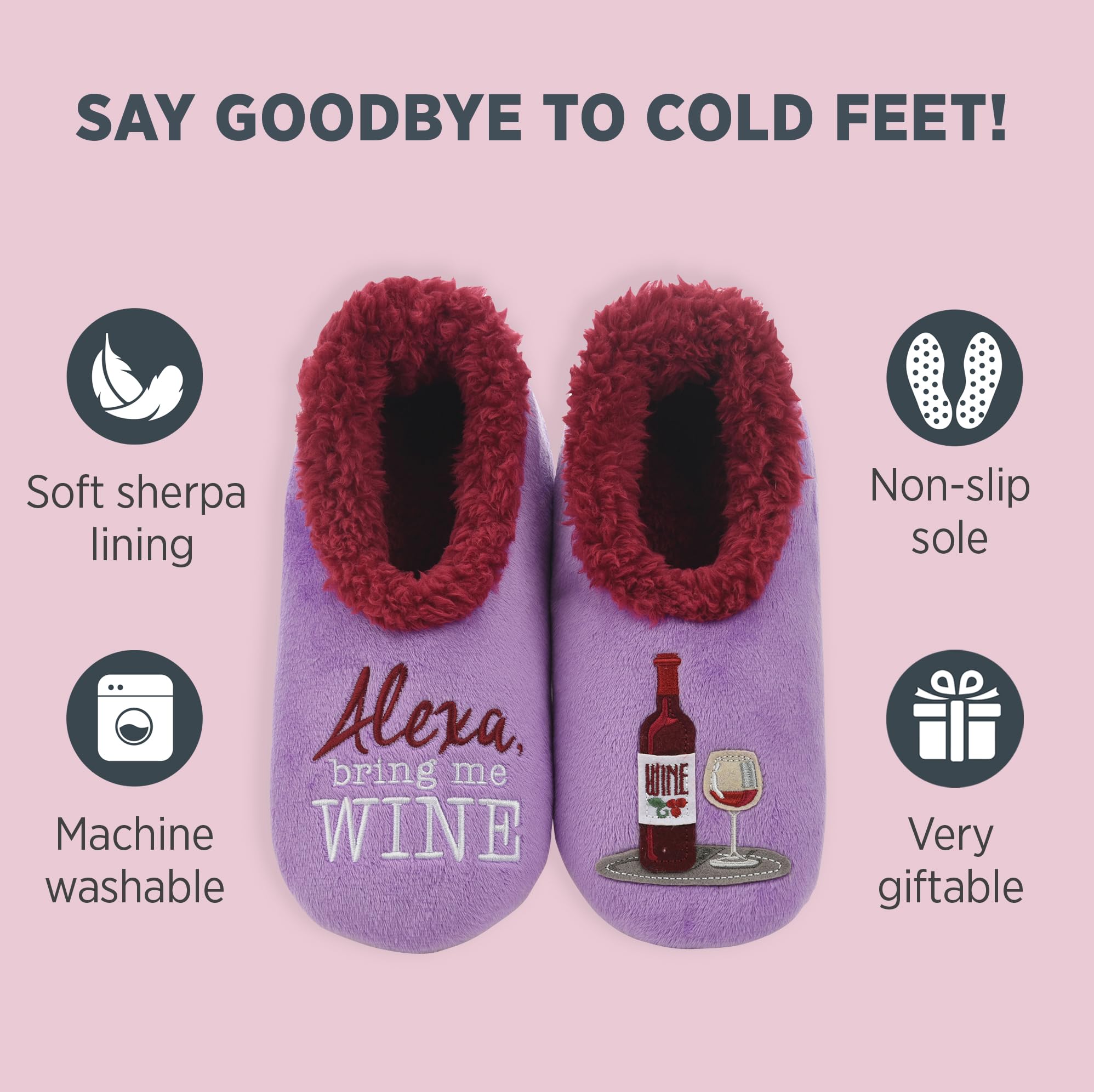 Snoozies Wine Slipper Socks for Women, Funny Wine Gifts and House Slippers Soft Non-Slip, Sherpa Lining, Indoor Cute Slippers - Alexa Bring Me Wine - Large