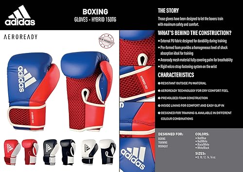 Miniatura 4 de adidas Guantes de boxeo híbridos 150 - Boxeo, Kickboxing, MMA, entrenamiento y uso en el hogar - para hombres y mujeres - Peso 10, 12, 14, 16 Oz -
