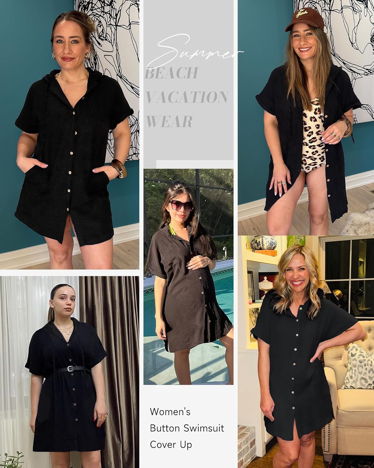 Bsubseach Womens Swimsuit Cover Up Shirt Button Down Short Sleeve Bathingsuit Coverups Hooded Beach Coverup With Pockets - Image 5