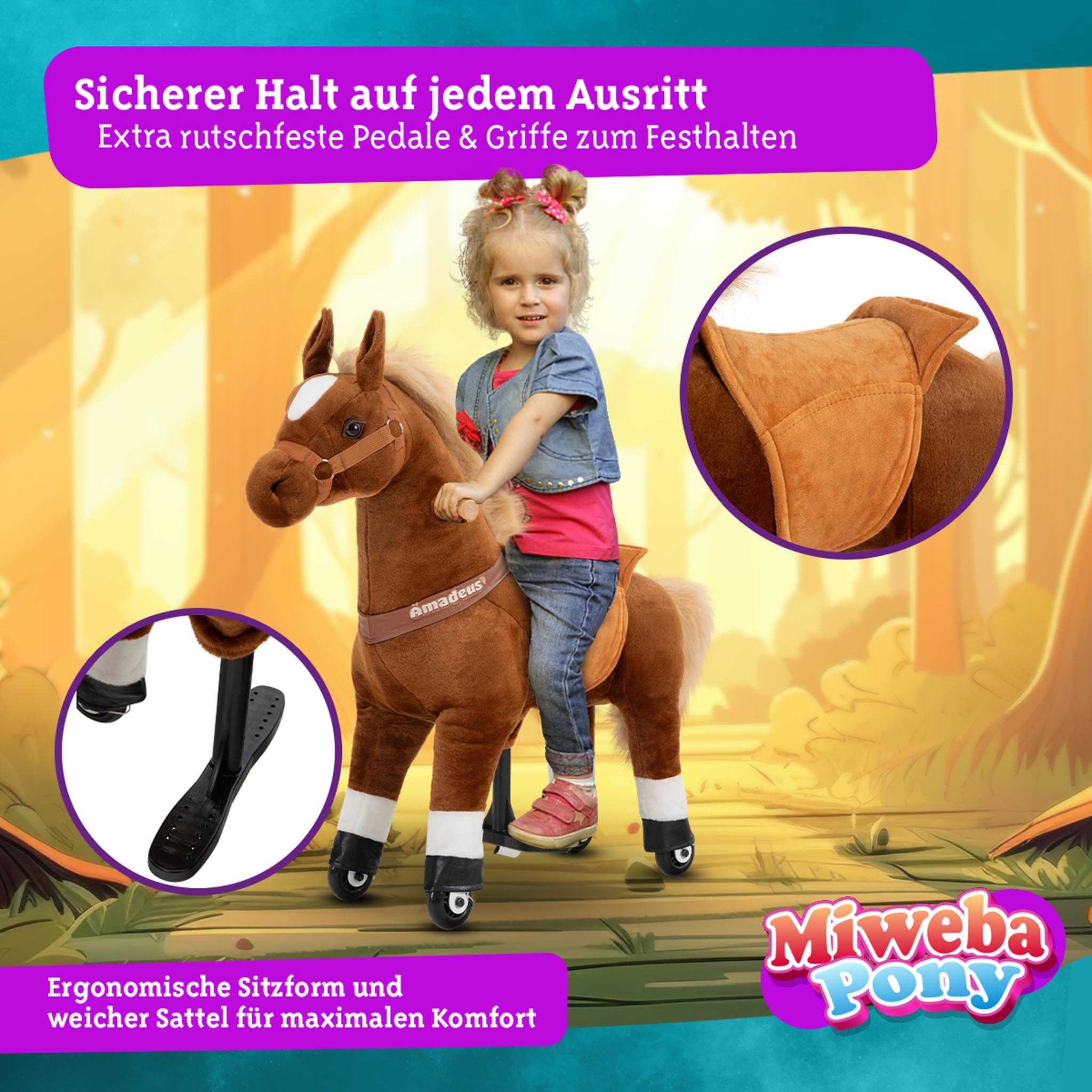 Miweba Pony Amadeus | Reitpferd auf Rollen - Pferd für Kinder - Schaukelpferd - Schaukeltier - Kuscheltier - Spielpferd zum Reiten - Plüschtier - Stofftier - Stehpferd - 3-5 Jahre (Small)
