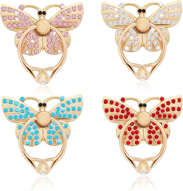 cobee Cell Phone Ring Holder Stands, 4 Pcs Butterfly Phone Ring Holders with Rhinestones Glitter Butterfly Finger Kickstand Metal Hand Grip with Knob Loop 180°/360° Rotation Kickstands(4 Colors)