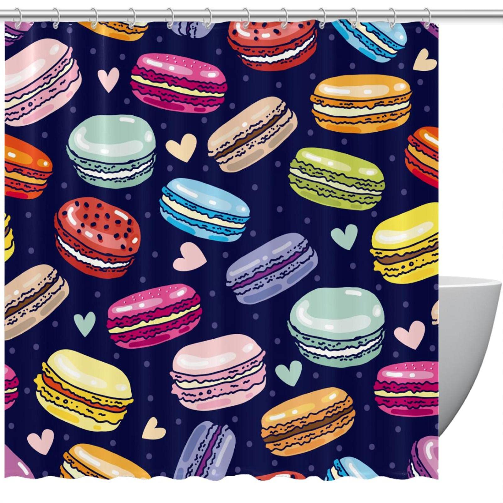 Rideau de douche anti-éclaboussures bleu marine 183x183 motif macarons gourmands