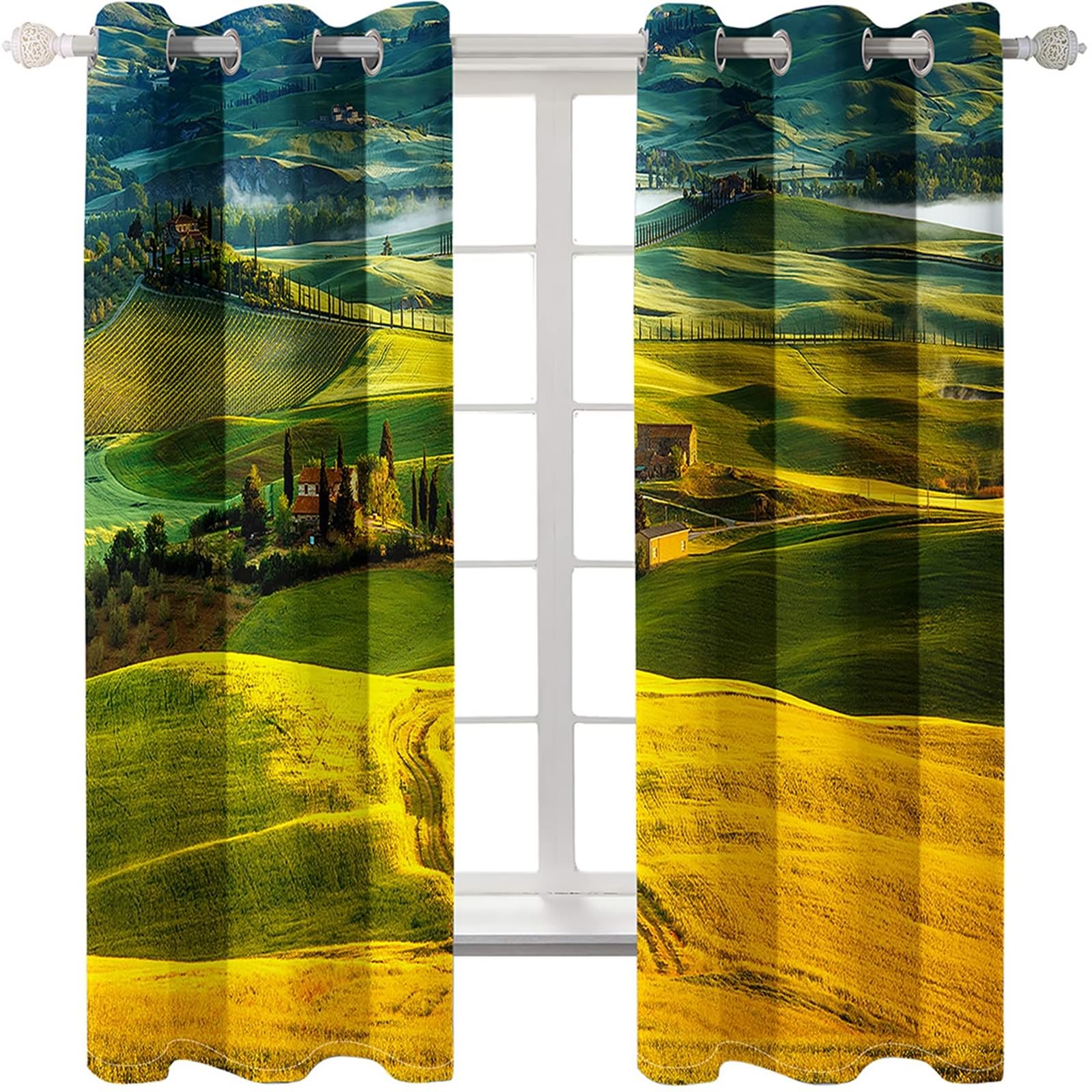 Vorhänge mit Ösen 2er Set, Gardinen Blickdicht Hügel Grasland und Häuser H 160 x B 96 cm Wohnzimmer Verdunklungsvorhänge