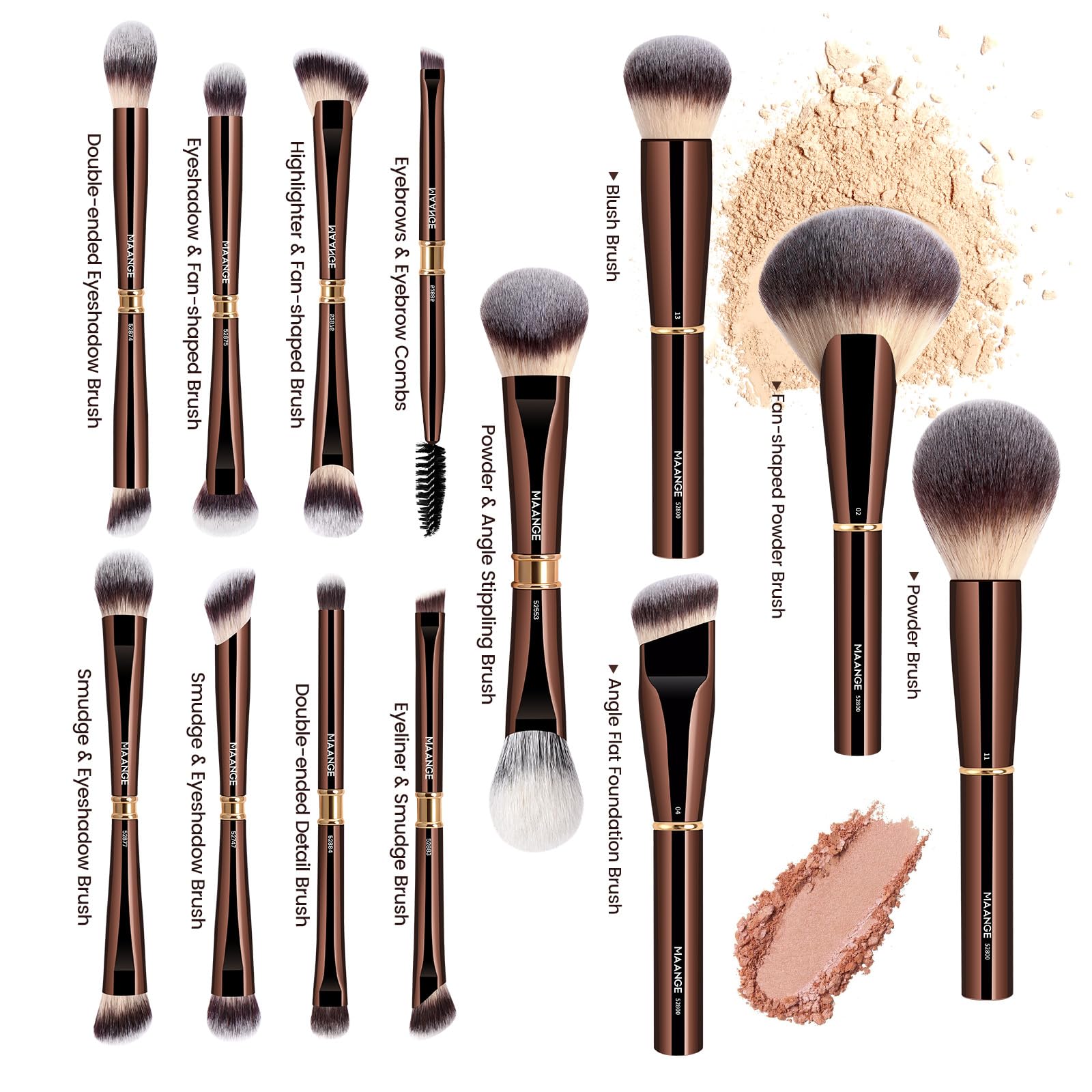 MAANGE Set di pennelli per trucco, 13 pezzi, inclusi astuccio, pennelli 22-in-13 a doppia estremità per fondotinta, cipria, ombretto, correttore, fard (Caffè Oro)