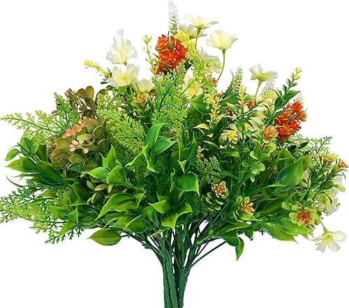 WAKISAKI Paquete de 9 flores artificiales y plantas falsas, tallos de vegetación sintética, con variación, para decoración al aire libre (naranja y