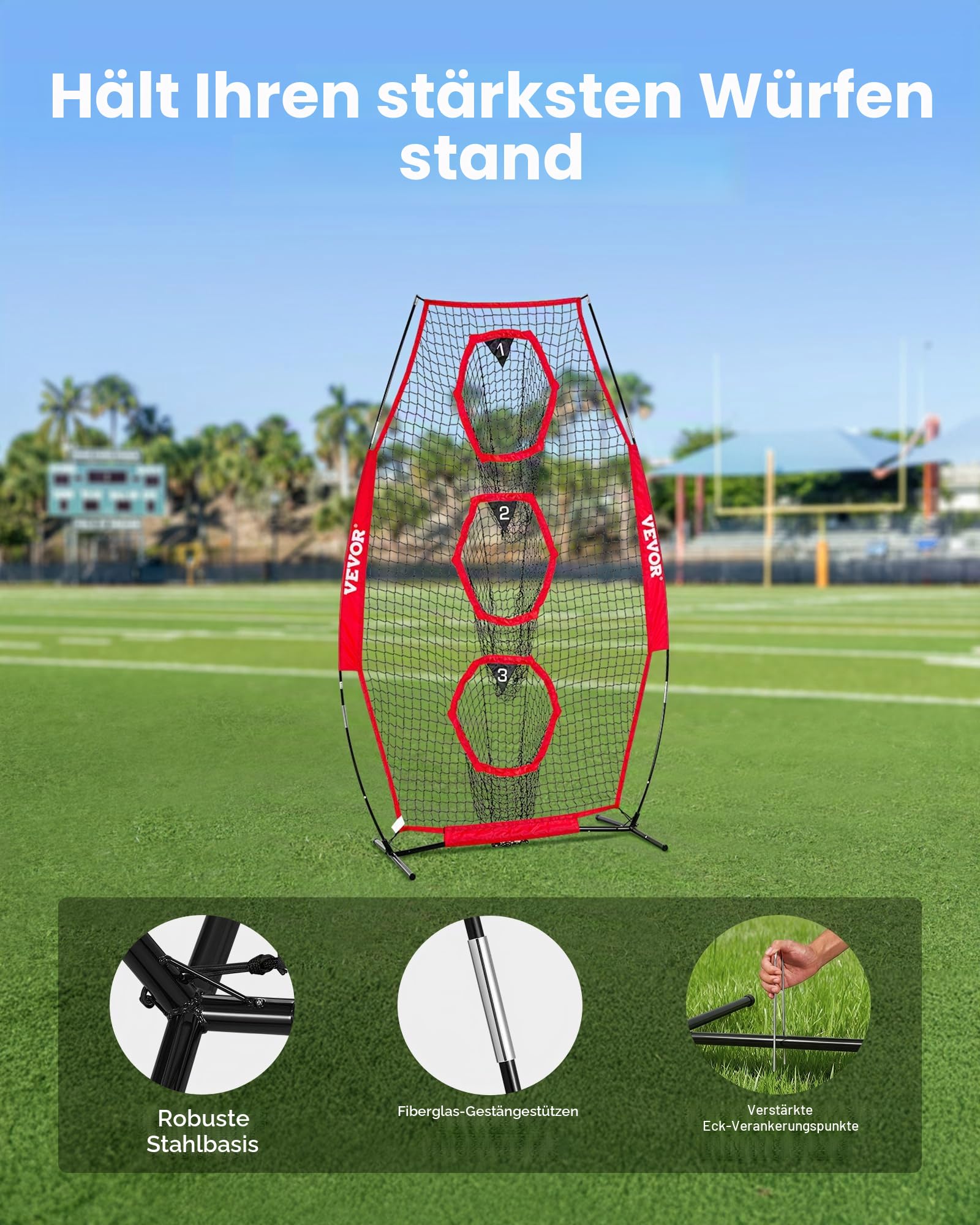 VEVOR Fußballtrainer Wurfnetz Übungsnetz (168 x 77 x 245 cm) mit 3 Zieltaschen & tragbarer Aufbewahrungstasche & Gurten, Wurfziel-Training für die Passgenauigkeit des Quarterbacks, rot