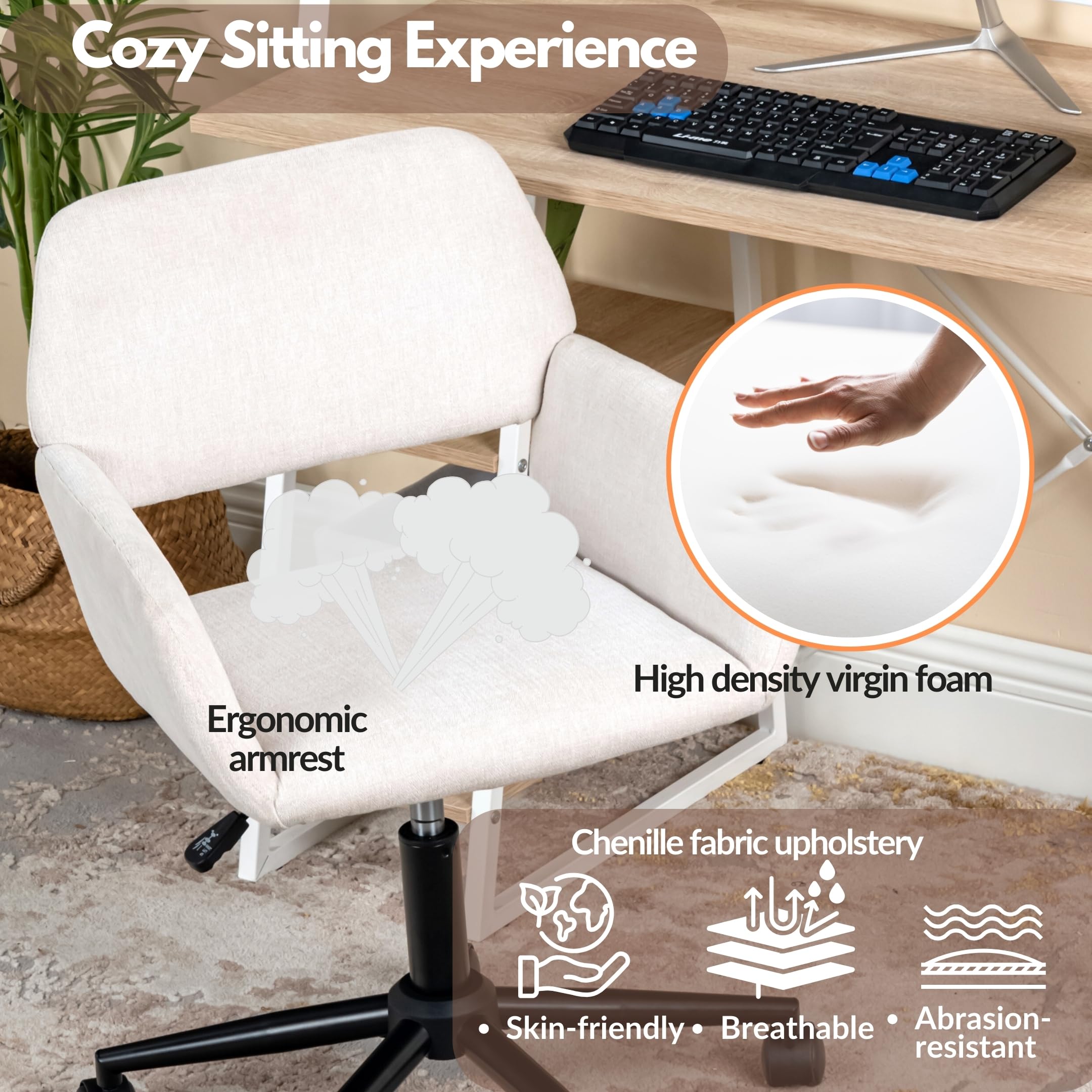 FurnitureR Sedia da trucco girevole, seduta da camera regolabile in altezza, seduta cava ampia e traspirante, sedia da vestire girevole a 360°, tessuto beige moderno, 56 x 55 x 75-85 cm