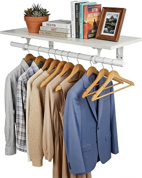 Wall Mounted Clothes Rack, with Top Shelf and Hanging Rod, Heavy Duty White, 1 PACK 11.8" x 31.4"