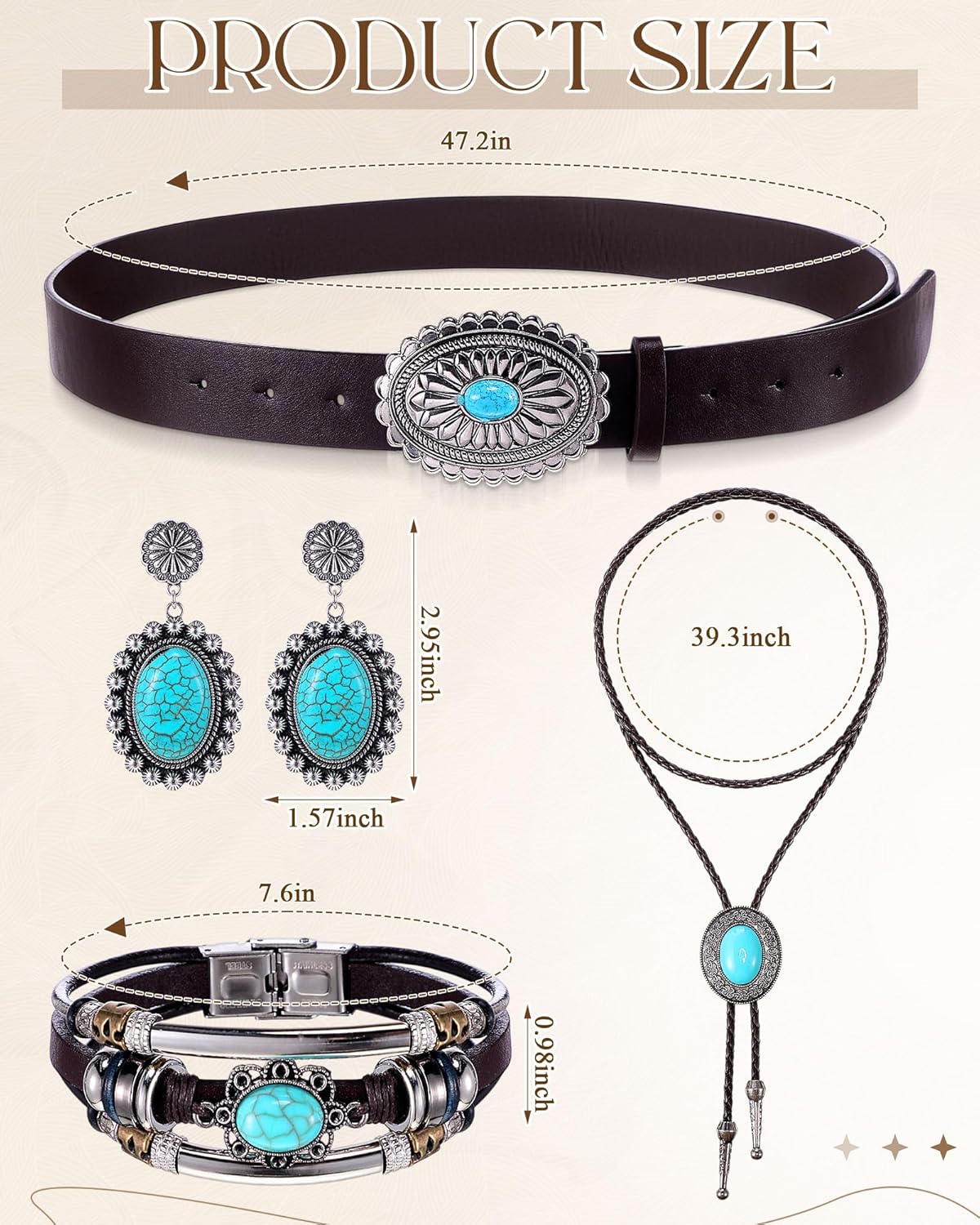 5 Pcs Western Cowboy Cowgirl Accessories Set Cowboy Hat Wide Boho Country Waist Belts Choker Bracelet Earrings Jewelry for Women Men - Image 3