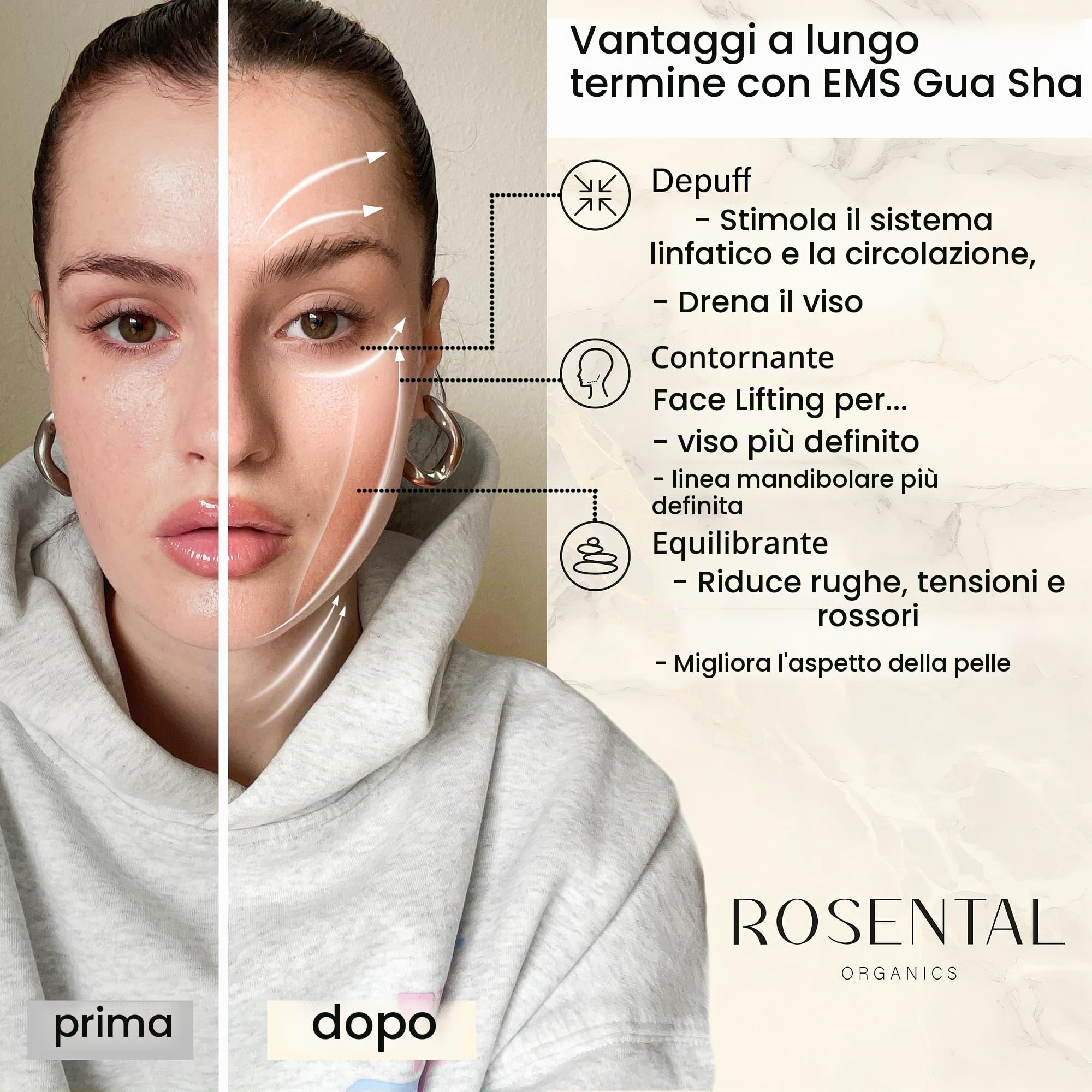 Rosental Organics EMS Gua Sha massaggiatore viso – LED blu, verde e terapia a luce rossa – per pelle grassoccia e carnagione uniforme – per tutti i tipi di pelle