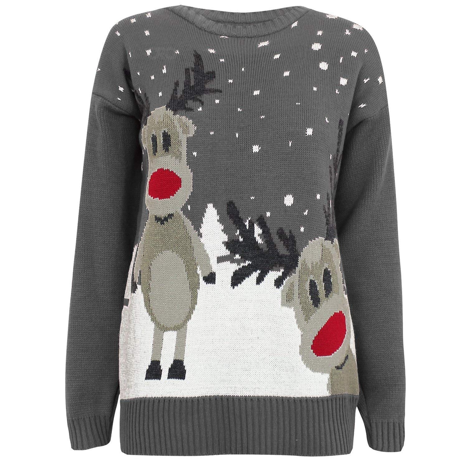 GirlzWalk ® Adults Ladies Long Sleeve Christmas Xmas Unisex 2 Reindeer Sweater Retro Novelty Vintage Jumper (Dark Grey, SM/UK 8-10)