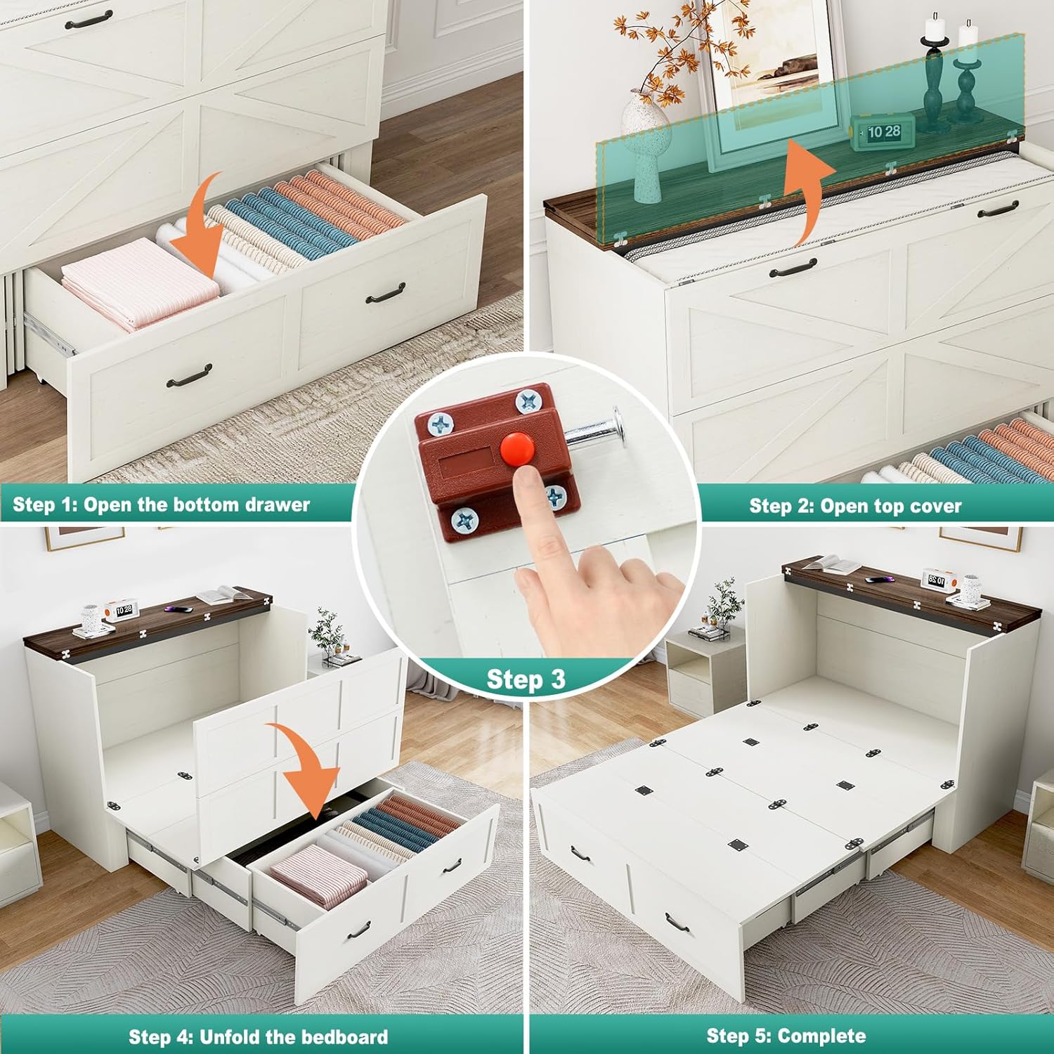 Hlivelood Full Size Murphy Chest Bed with Drawer and Charging Station, Farmhouse Wood Space-Saving Hidden Folding Beds Chest, Multifunctional Storage Cabinet Bed for Bedroom, Office, Rustic White