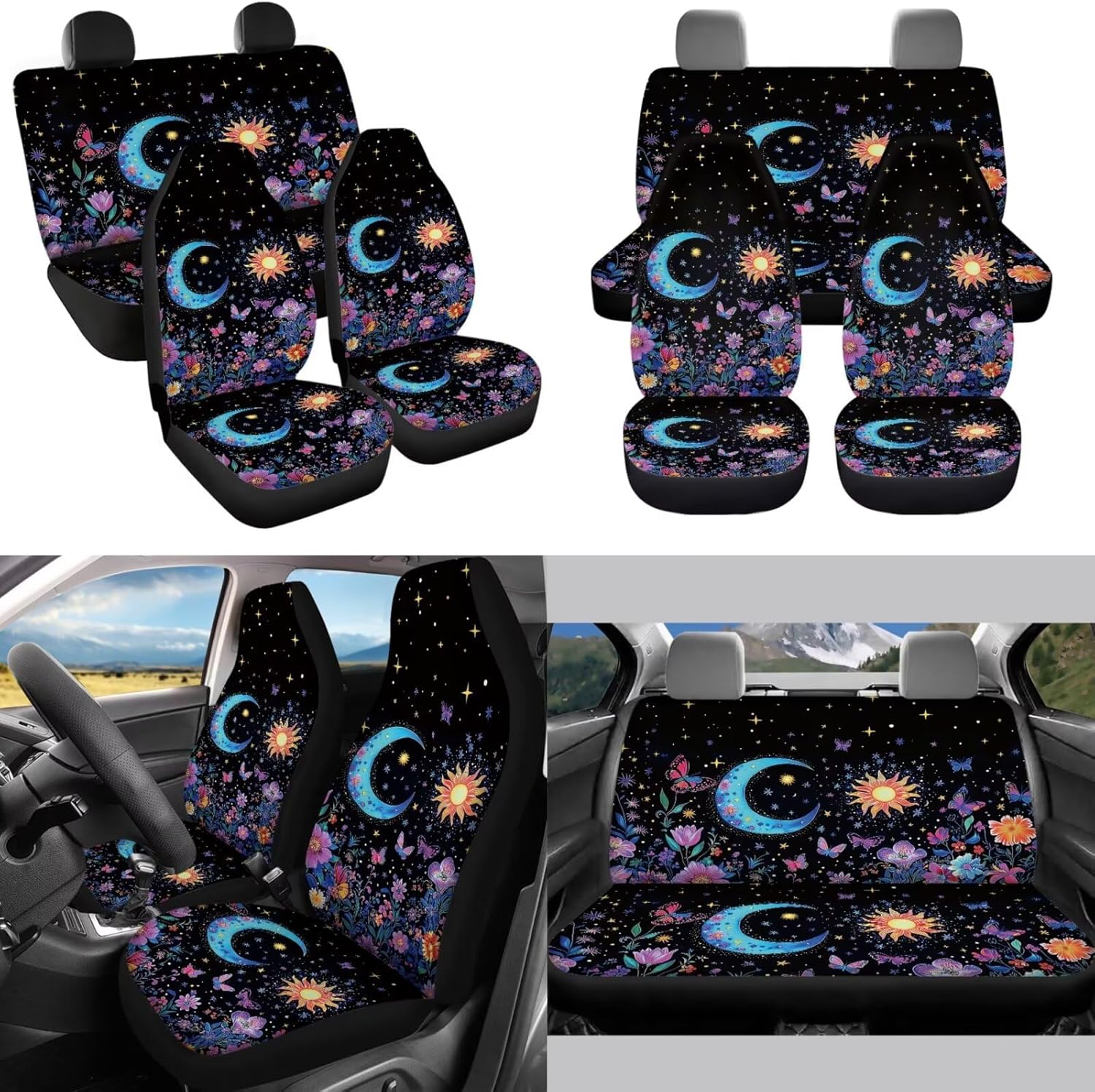 Gothic Moon 13 Pack Car Seat Covers Full Set with Steering Wheel Accessories Car Seat Belt Cover Arm Rest Cover Car Cup Coasters Universal Fit for Most Cars,SUVs