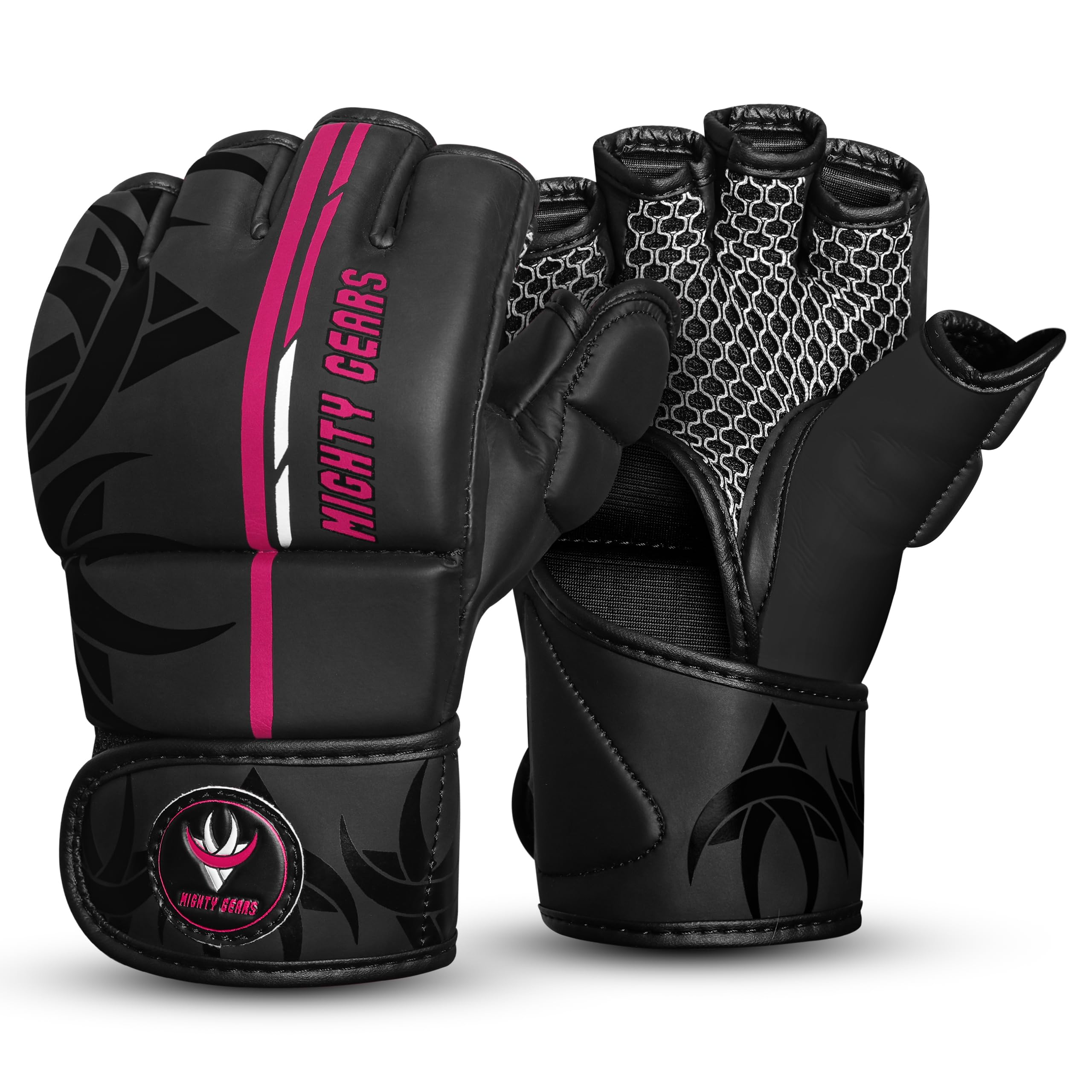 Mighty Gears Matte Black MMA Gloves Martial Arts Mitts Grappling Sparring Men Muay Thai Cage Fighting Boxing Combat Sports Women pink UFC Punching Bag Training (Pink, S)