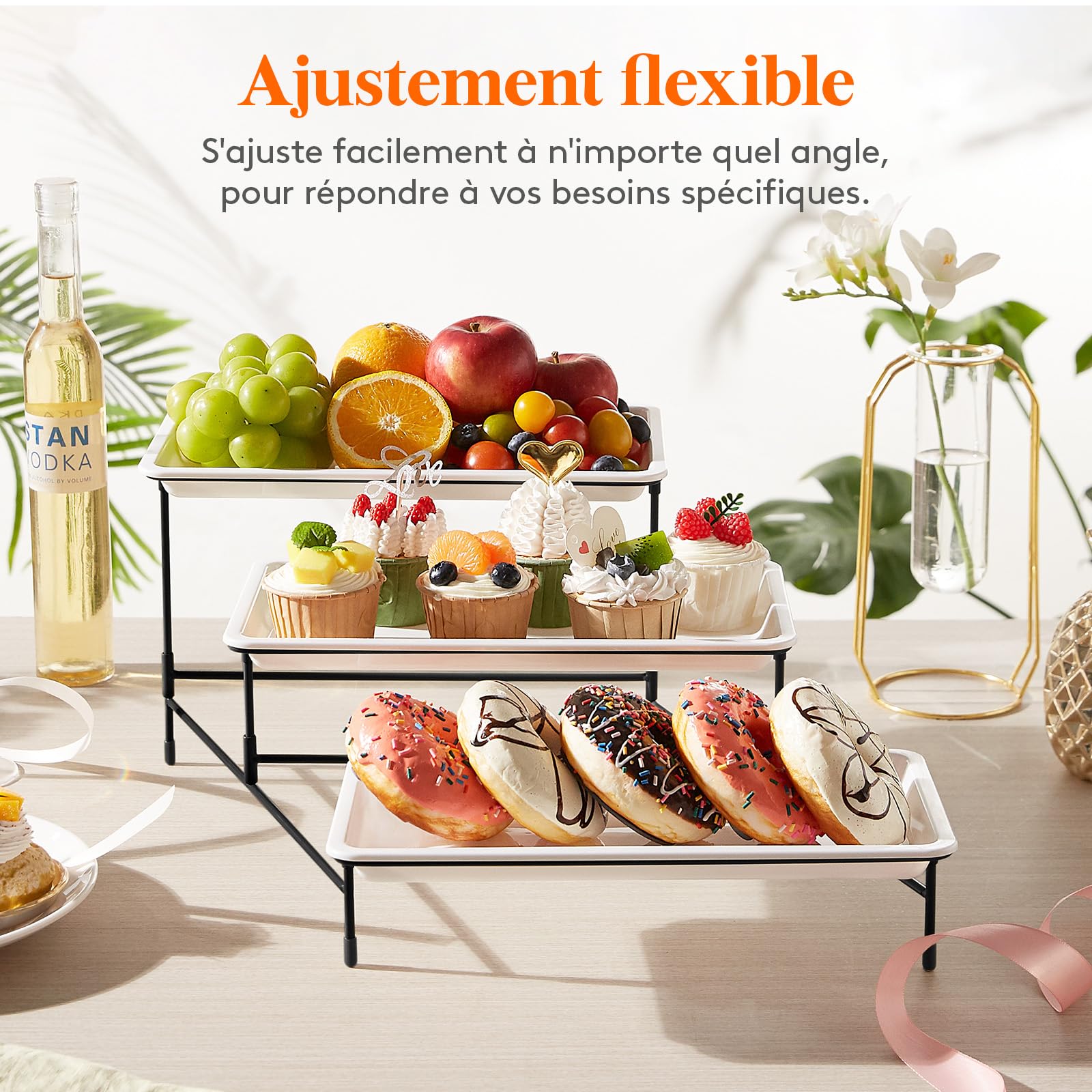 Lifewit 3 etages bamboe serveerschaal, 36 x 17 cm dienblad met zwarte metalen standaard voor feestaccessoires, buffetaccessoires, grote herbruikbare dienbladen displaystandaard voor groenten/fruit