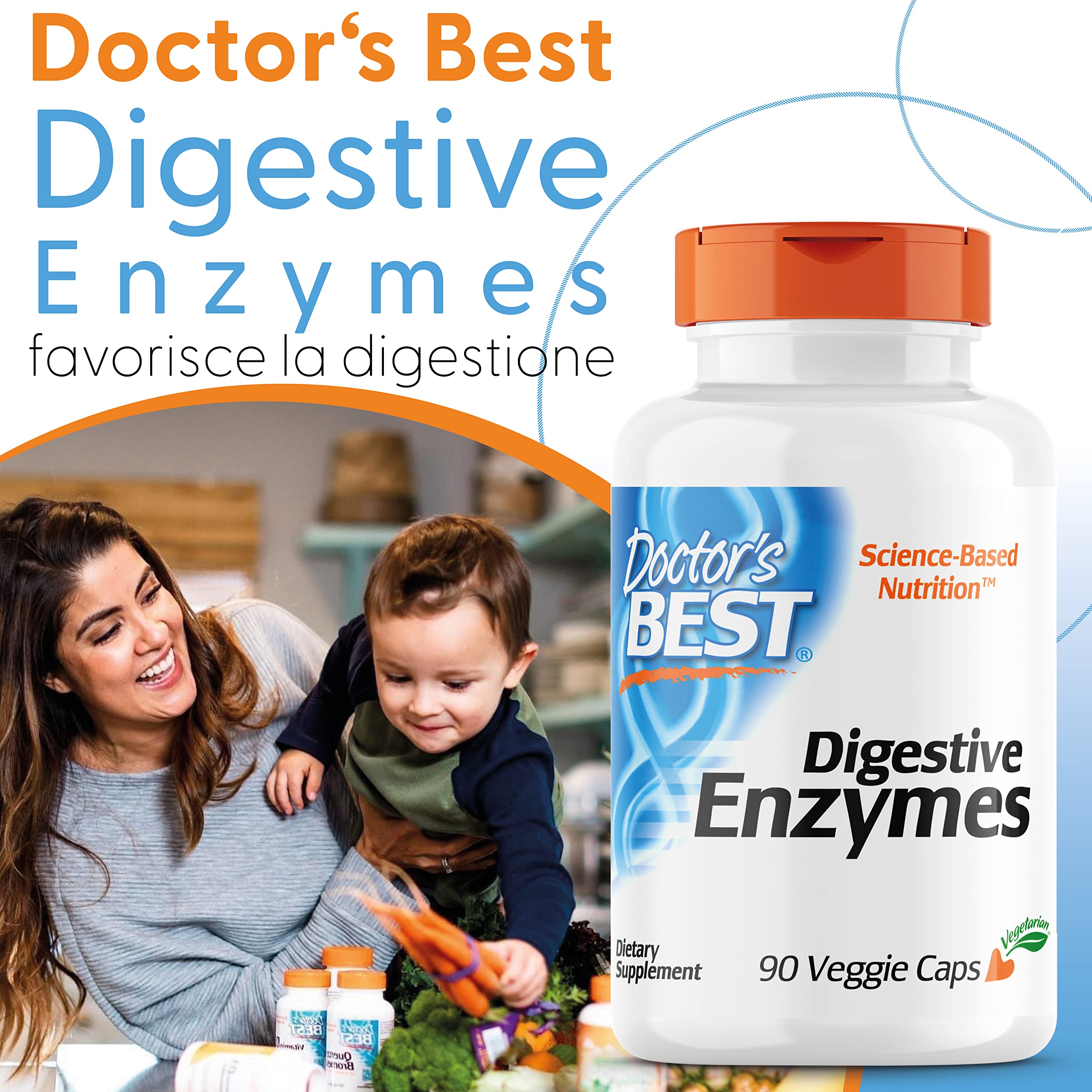 Doctor's Best, Digestive Enzymes (Enzimi Digestivi), 90 Capsule vegetali, Mix di Enzimi, Testato in Laboratorio, Senza Glutine, Senza Soia, non OGM