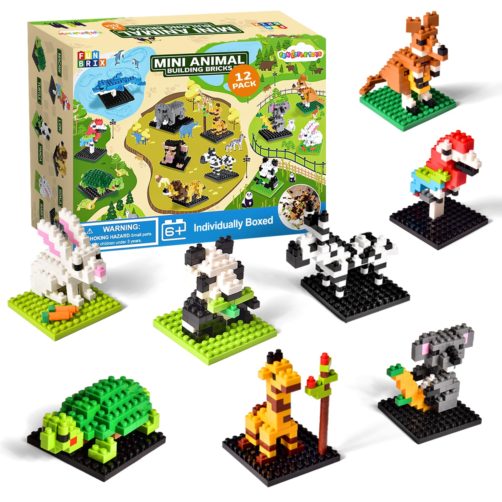Mini Animal Building Blocks – 12 Pack, No Duplicates, Individually Boxed Zoo Sets for Kids 6-12, Party Favors, Classroom Prizes, Goodie Bag Stuffers & Easter Egg Fillers