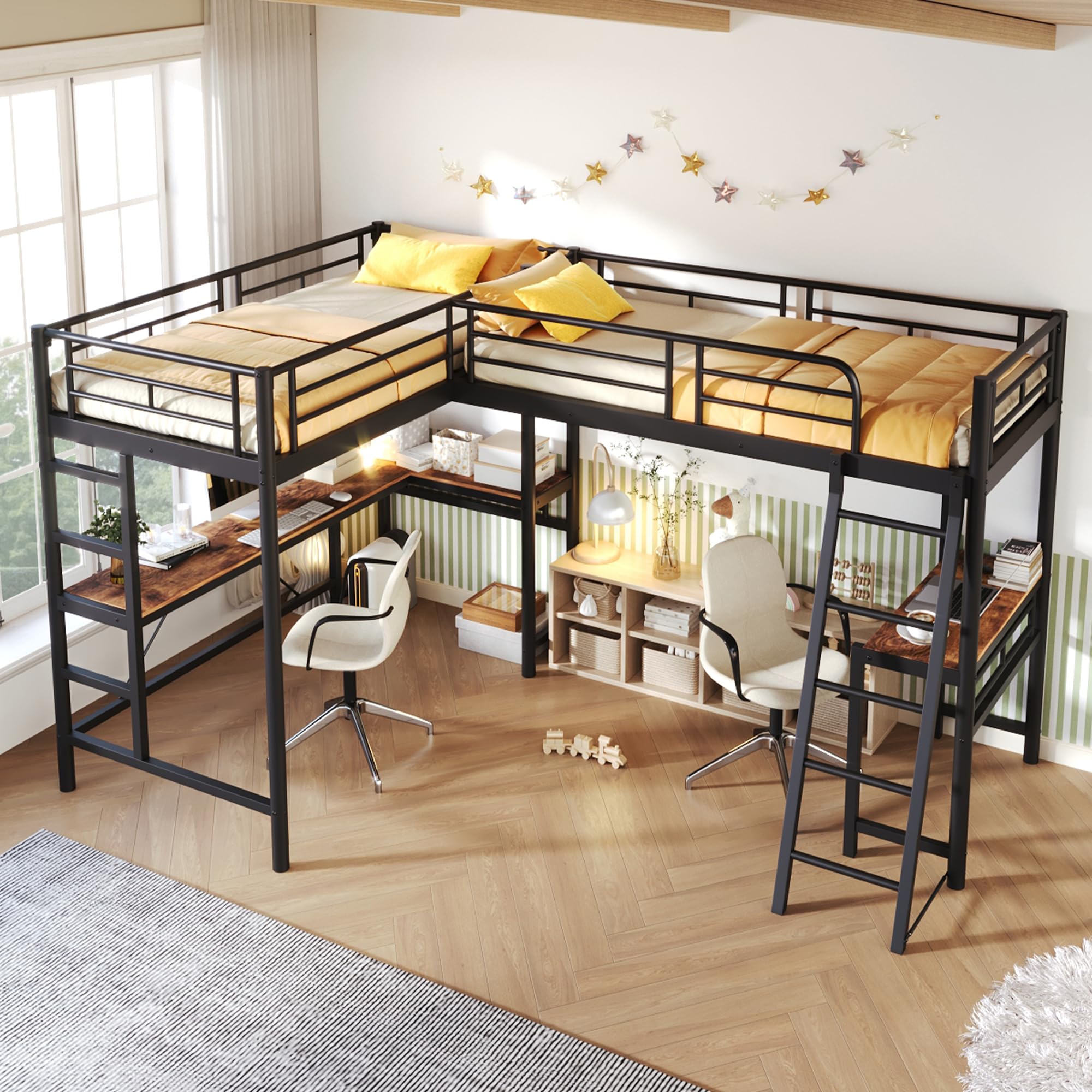 Moimhear 90 x 200 cm, letto a soppalco, due letti a castello, tavolo sotto il letto, doppia scala, ringhiera alta, nero (nero), WX001001