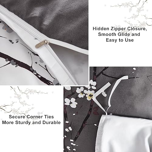 Miniatura 5 de WONGS BEDDING - Juego de funda de edredón floral, tamaño queen, gris oscuro, 3 piezas, ropa de cama con estampado de flores de ciruelo, con 2 fundas