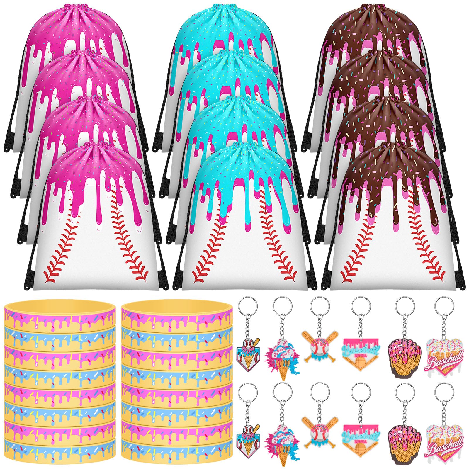 36 Pcs Ice Cream Drip Baseball Drip Party Favors | 12 Sets, Baseball Party Supplies, Drawstring Bags Keychains Silicone Bracelets, for Sports Birthday Supplies Team Gifts