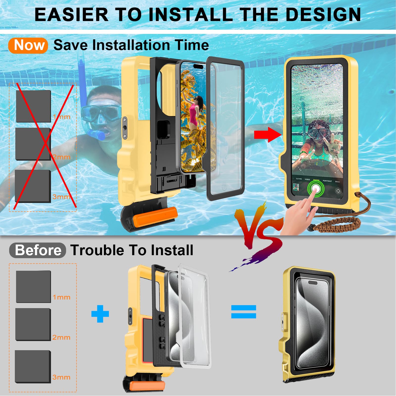 Funda de buceo para iPhone 17/16/15/14/13/12/11 Pro Max/XS/X Samsung Galaxy S26/S25/S24, funda impermeable para fotografía y vídeo subacuático (4ª, amarillo)